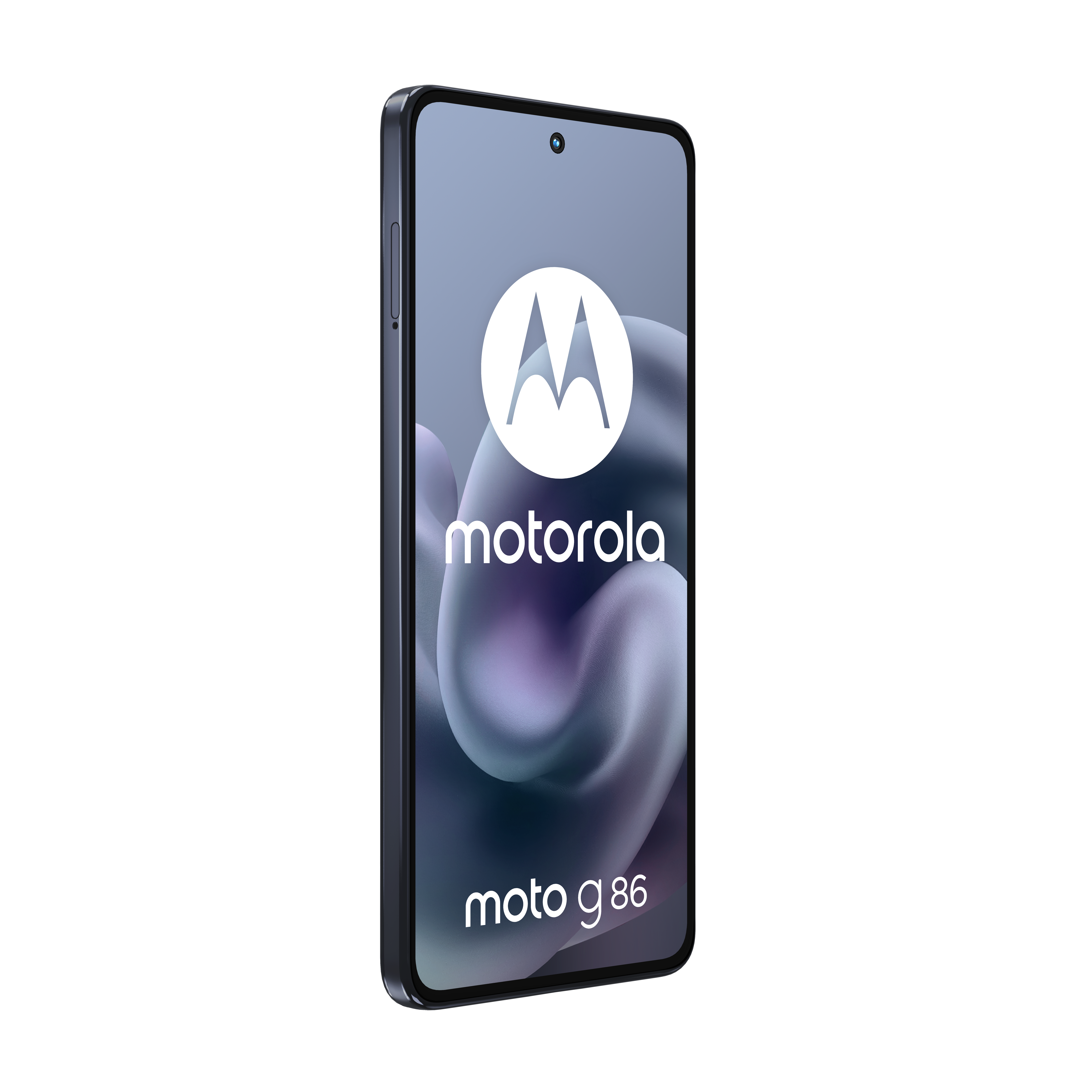 Ein schwarzes Motorola Moto G86 Smartphone mit dem Motorola-Logo auf dem Bildschirm.