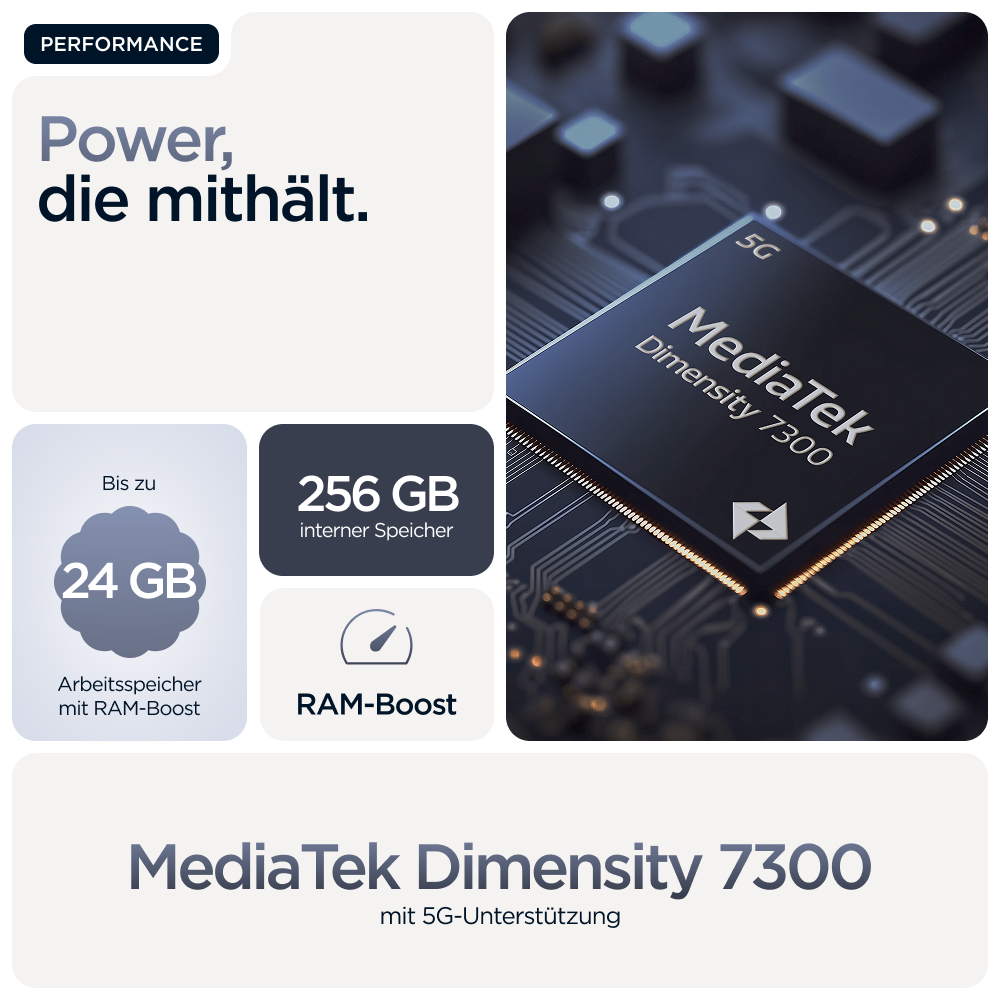 Leistung mit MediaTek Dimensity 7300 Prozessor, 24 GB RAM, 256 GB Speicher.