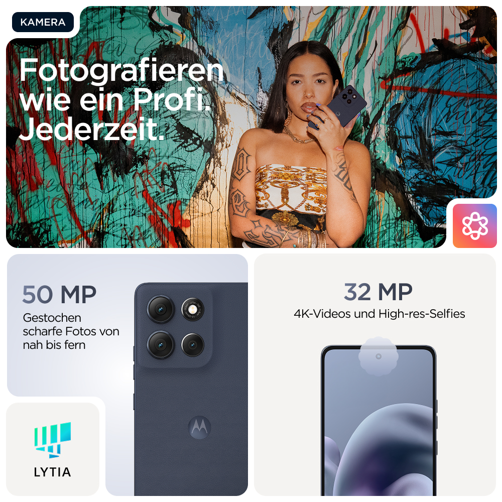 Frau vor bunter Wand, Handy-Kamera-Details: 50MP Hauptkamera, 32MP Frontkamera.