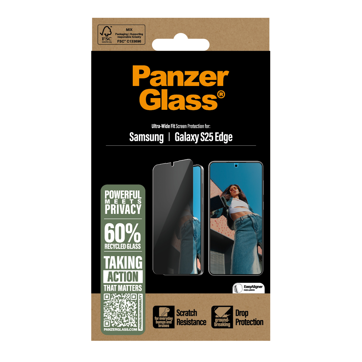 Panzer Glass Displayschutzfolie für Samsung Galaxy S25 Edge, zeigt Privatsphäre-Funktion.