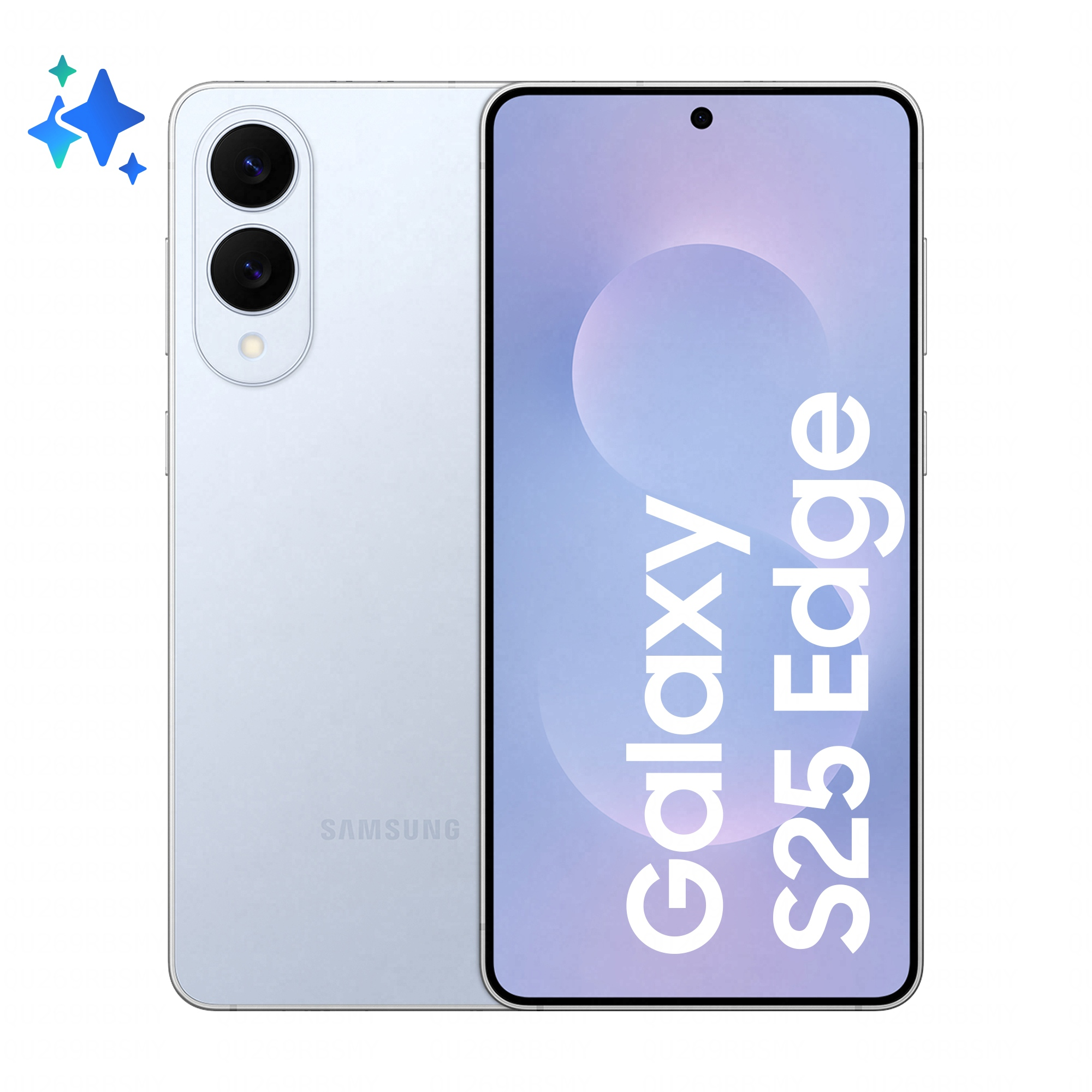 Jasnoniebieski smartfon z podwójnym tylnym aparatem i logo Samsung. Ekran: Galaxy S25 Edge.