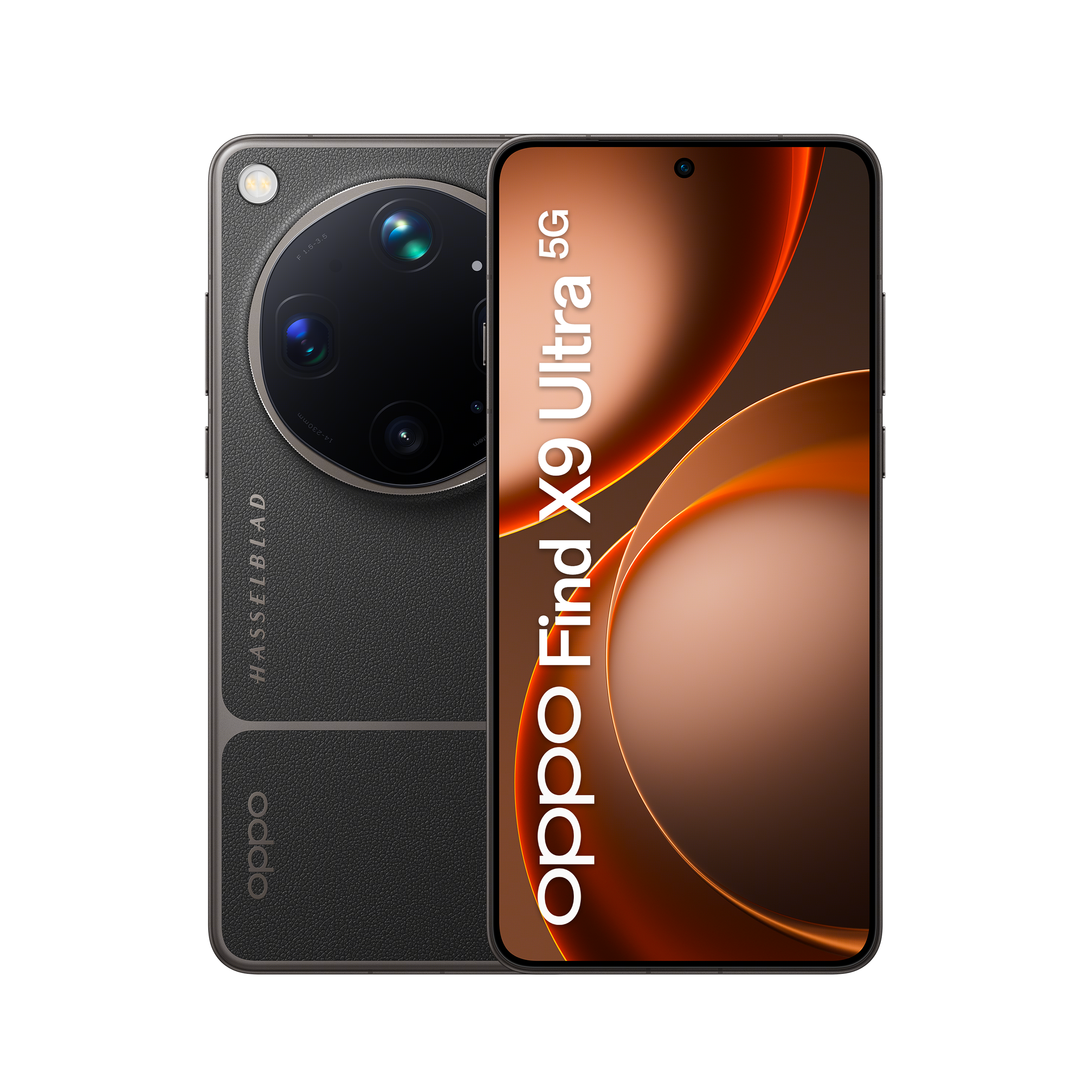 Ciemnoszary smartfon z aparatem Hasselblad i logo OPPO. Wyświetlacz pokazuje grafikę w kolorze pomarańczowo-brązowym.