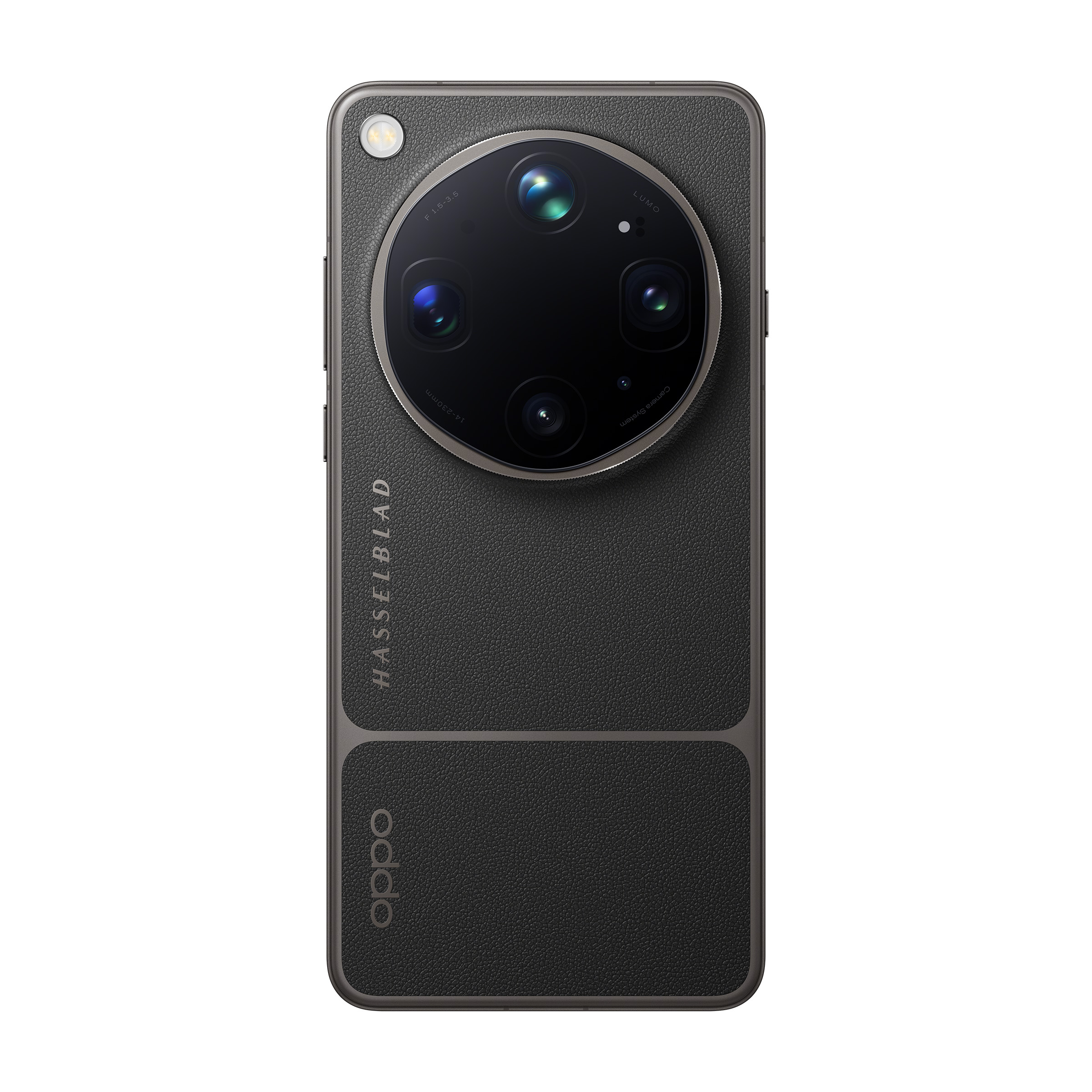 Tył czarnego smartfona z aparatem Hasselblad i logo OPPO.