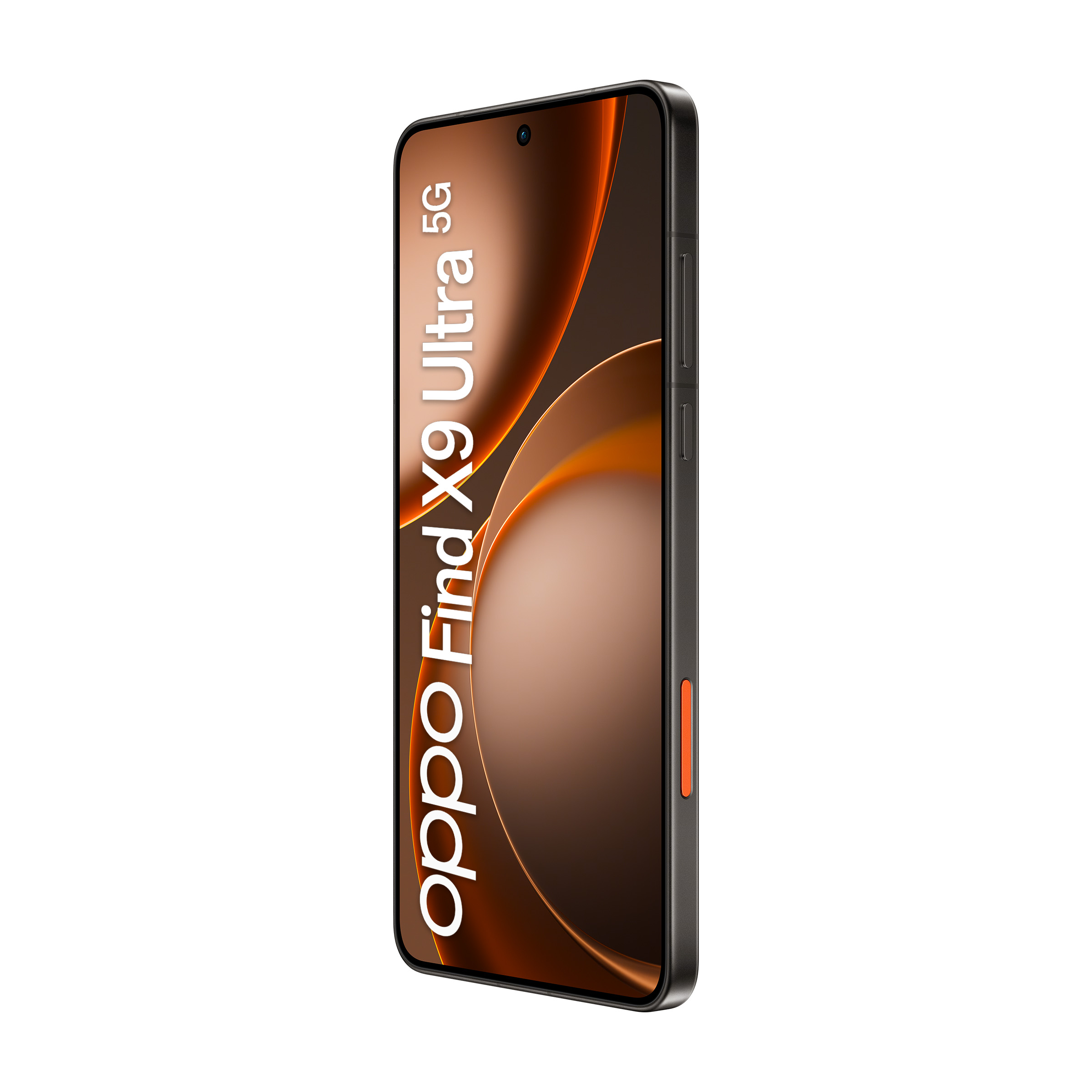 Czarny smartfon Oppo Find X9 Ultra 5G z pomarańczowymi akcentami, na białym tle.