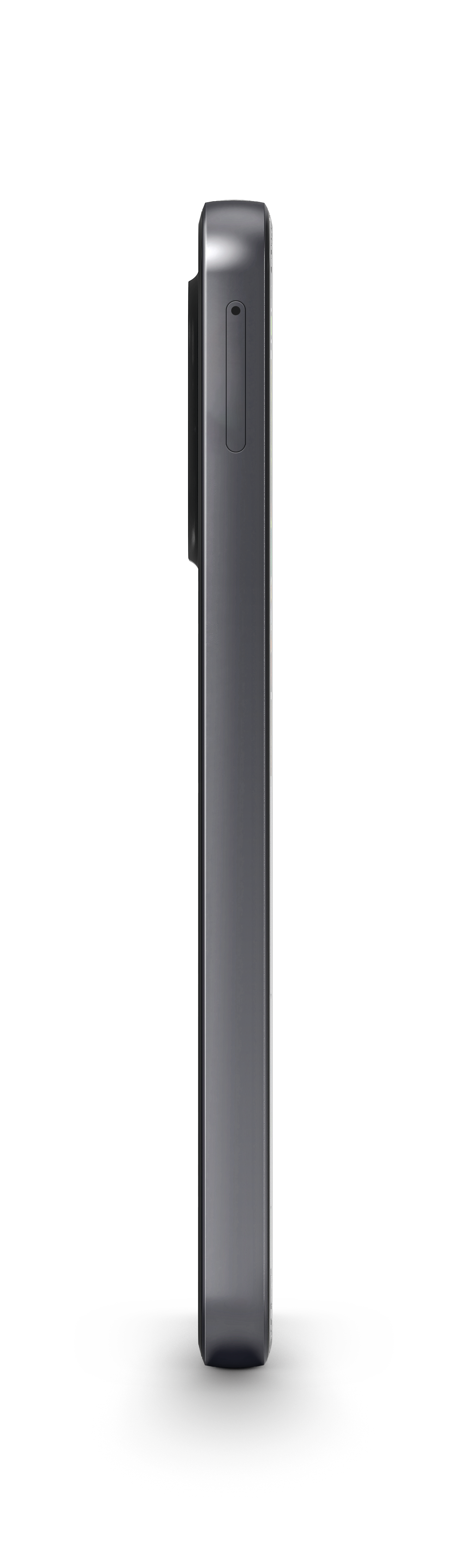 Ein graues Smartphone im Seitenprofil auf schwarzem Hintergrund.