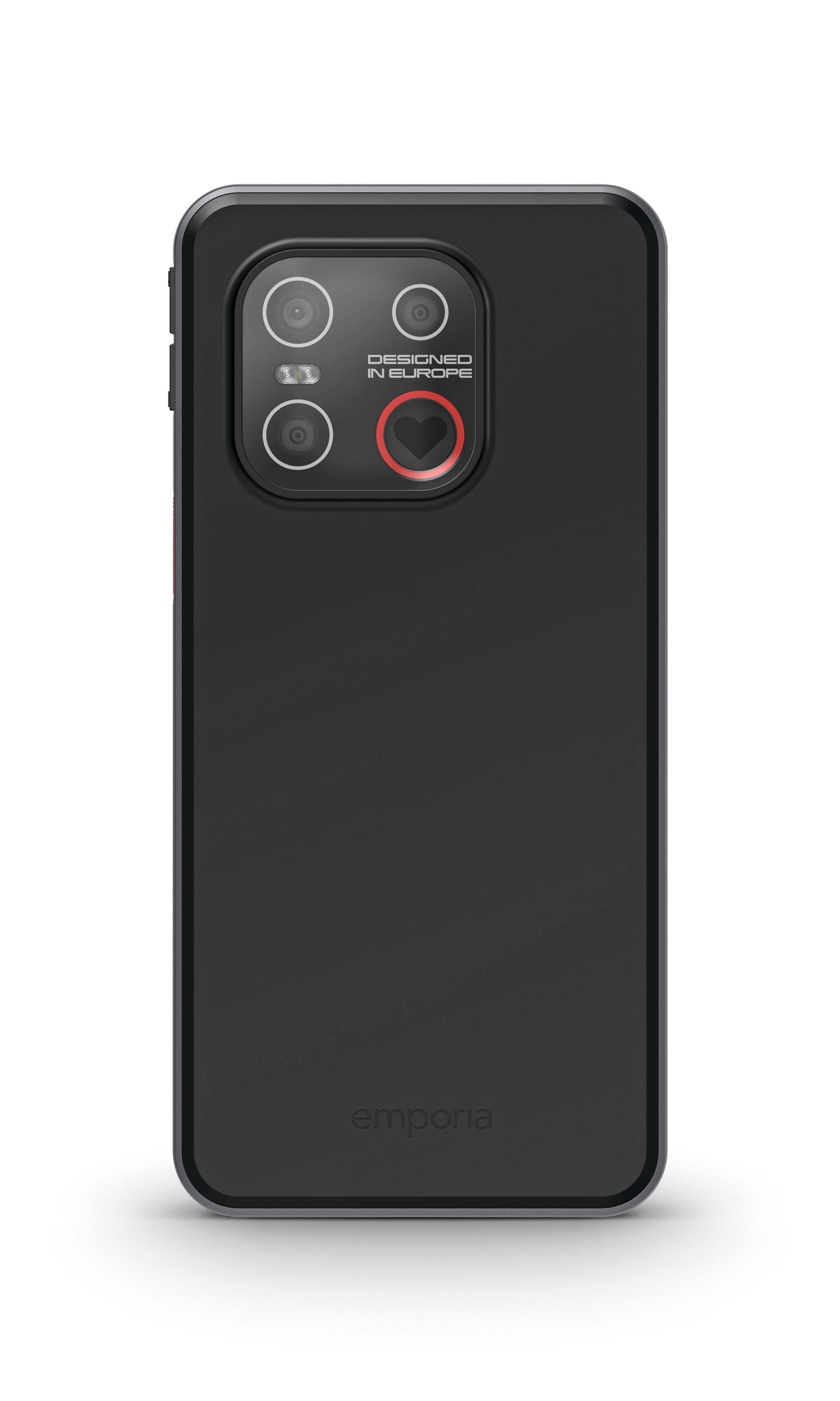 Schwarzes Smartphone mit silbernem Rand, drei Kameras und Herz-LED.