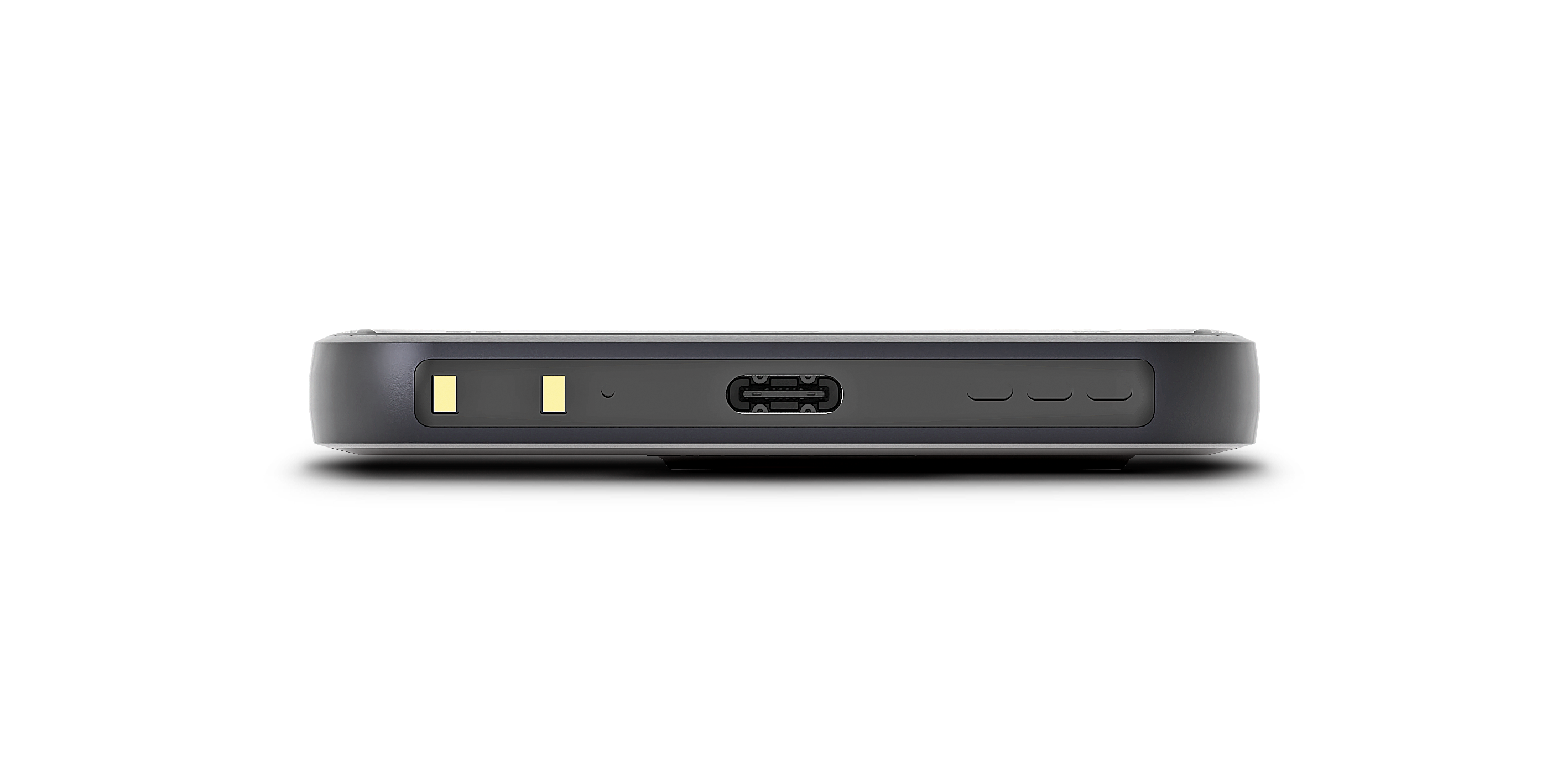 Graues Gerät mit USB-C-Anschluss, zwei gelben Lichtern und drei Aussparungen.