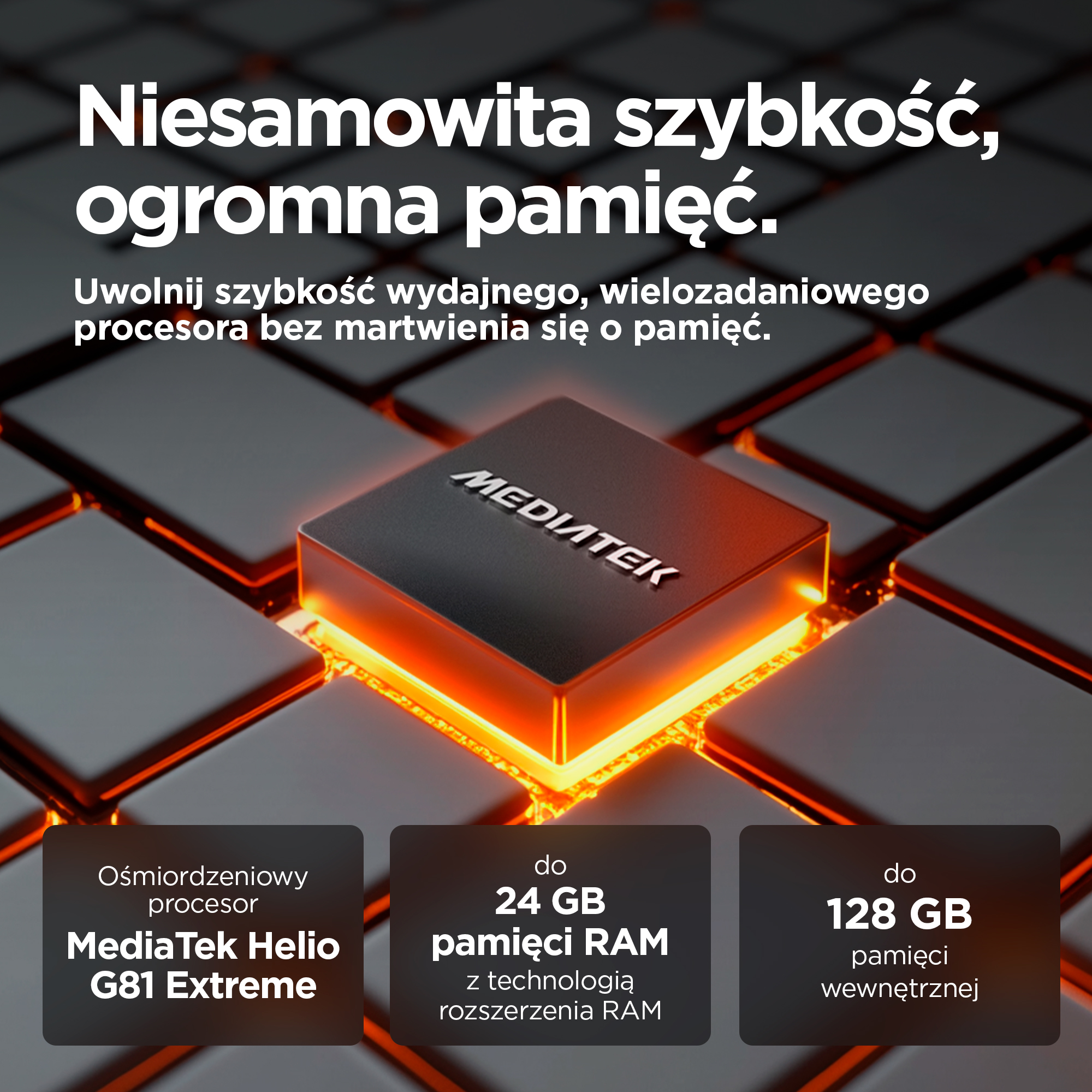 Zbliżenie świecącego, pomarańczowego procesora MediaTek, podkreślającego wydajność.