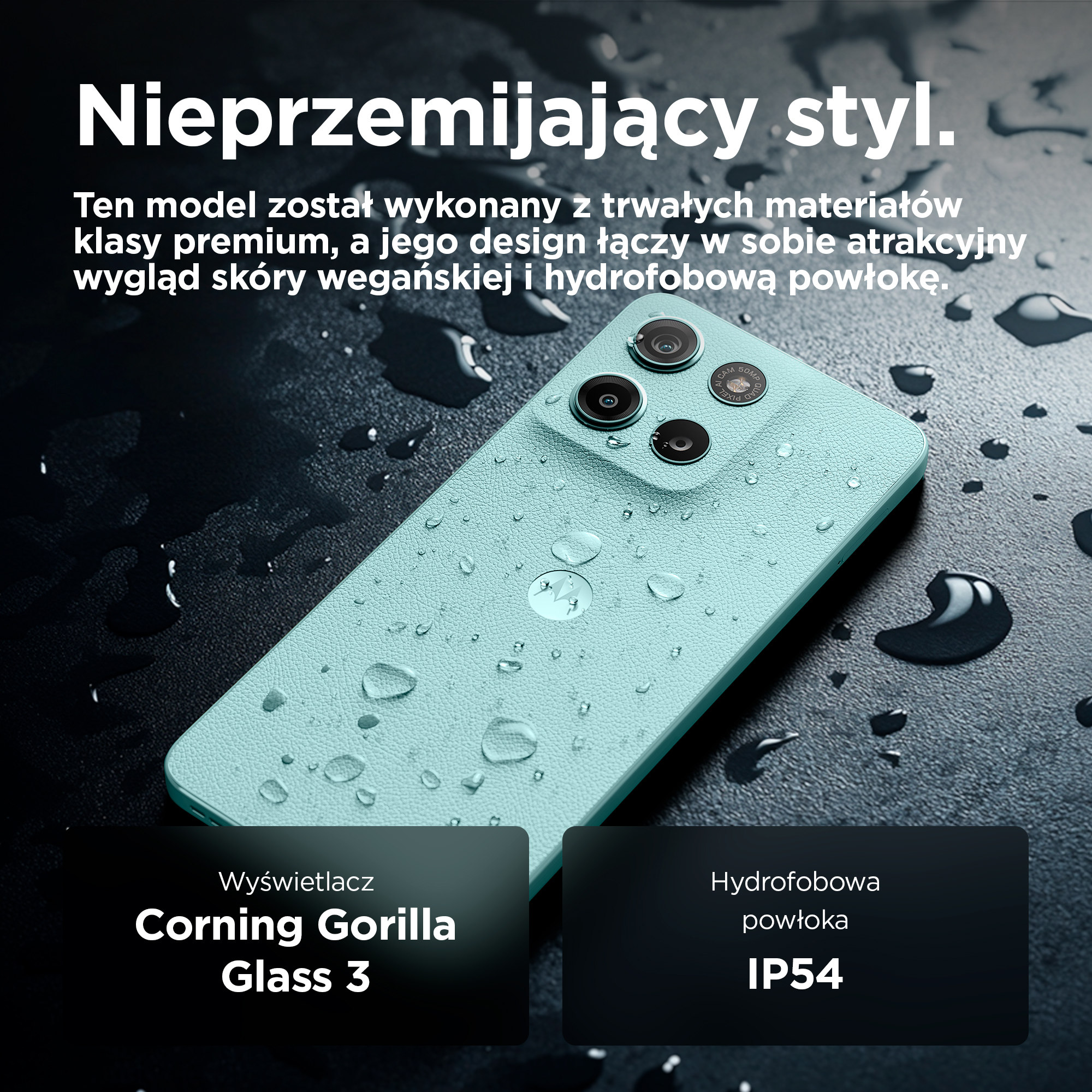 Turkusowy smartfon z kroplami wody na tylnej obudowie.
