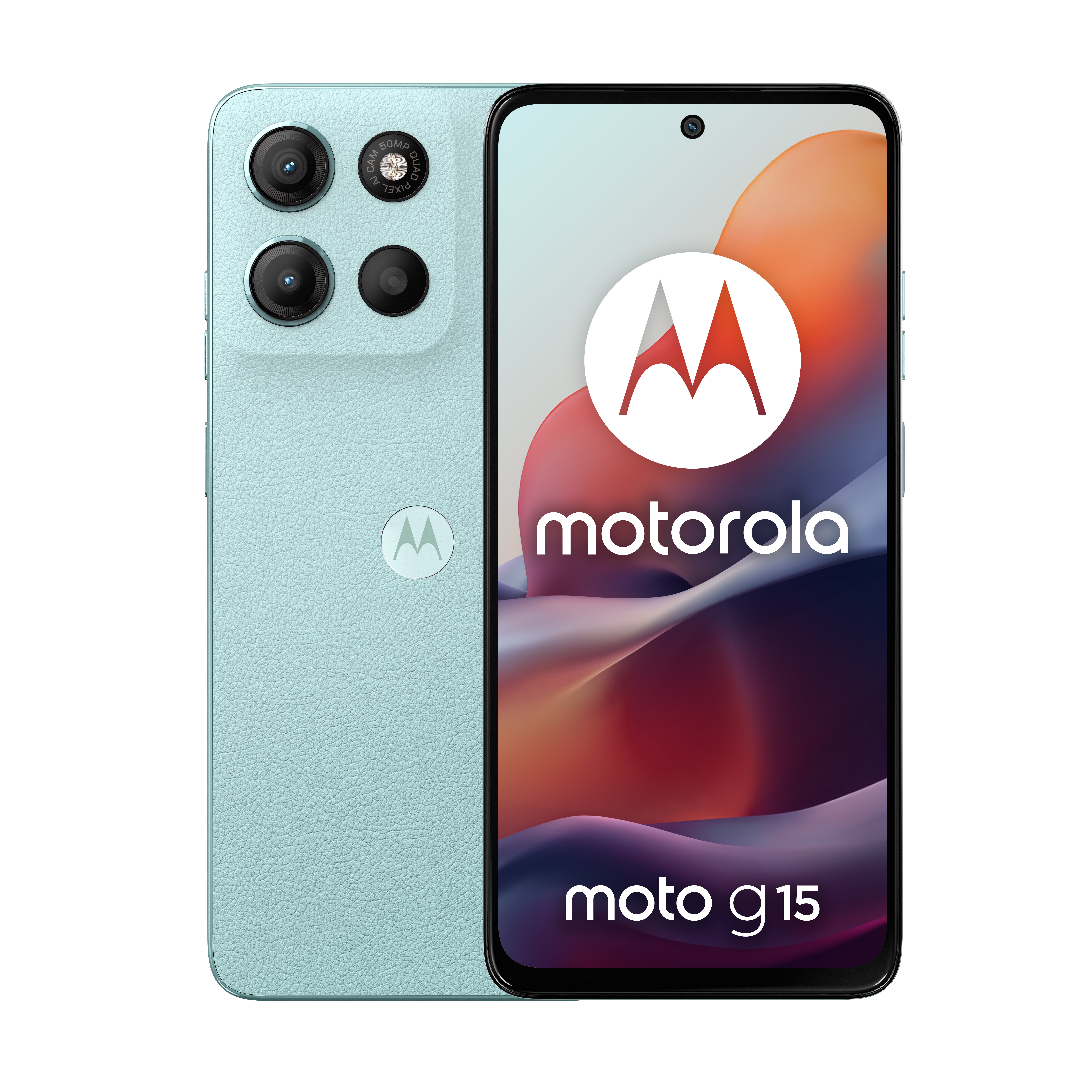 Jasnoniebieski smartfon Motorola Moto G15 z dwoma aparatami z tyłu.