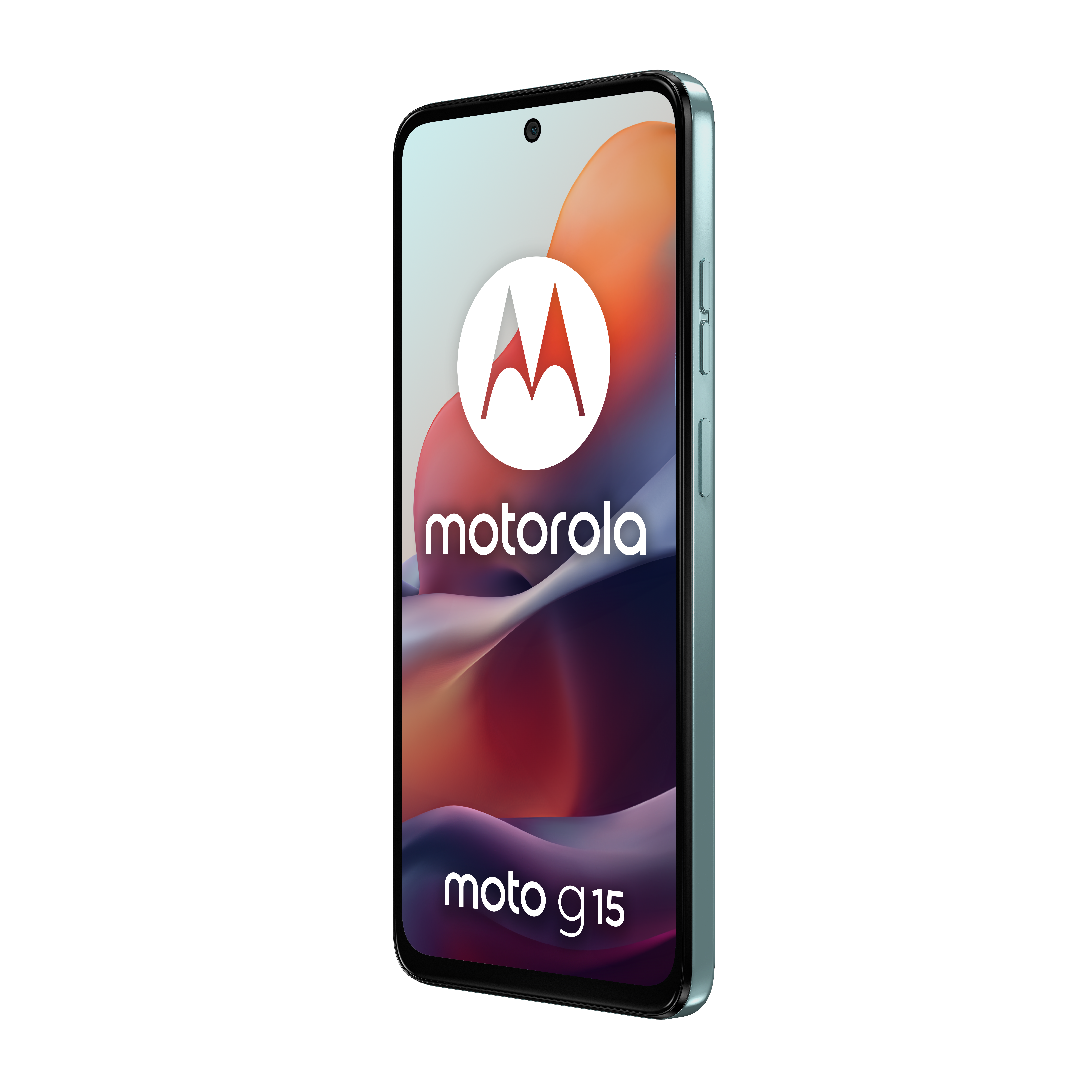 Jasnoniebieski smartfon Motorola Moto G15 z abstrakcyjnym tłem.