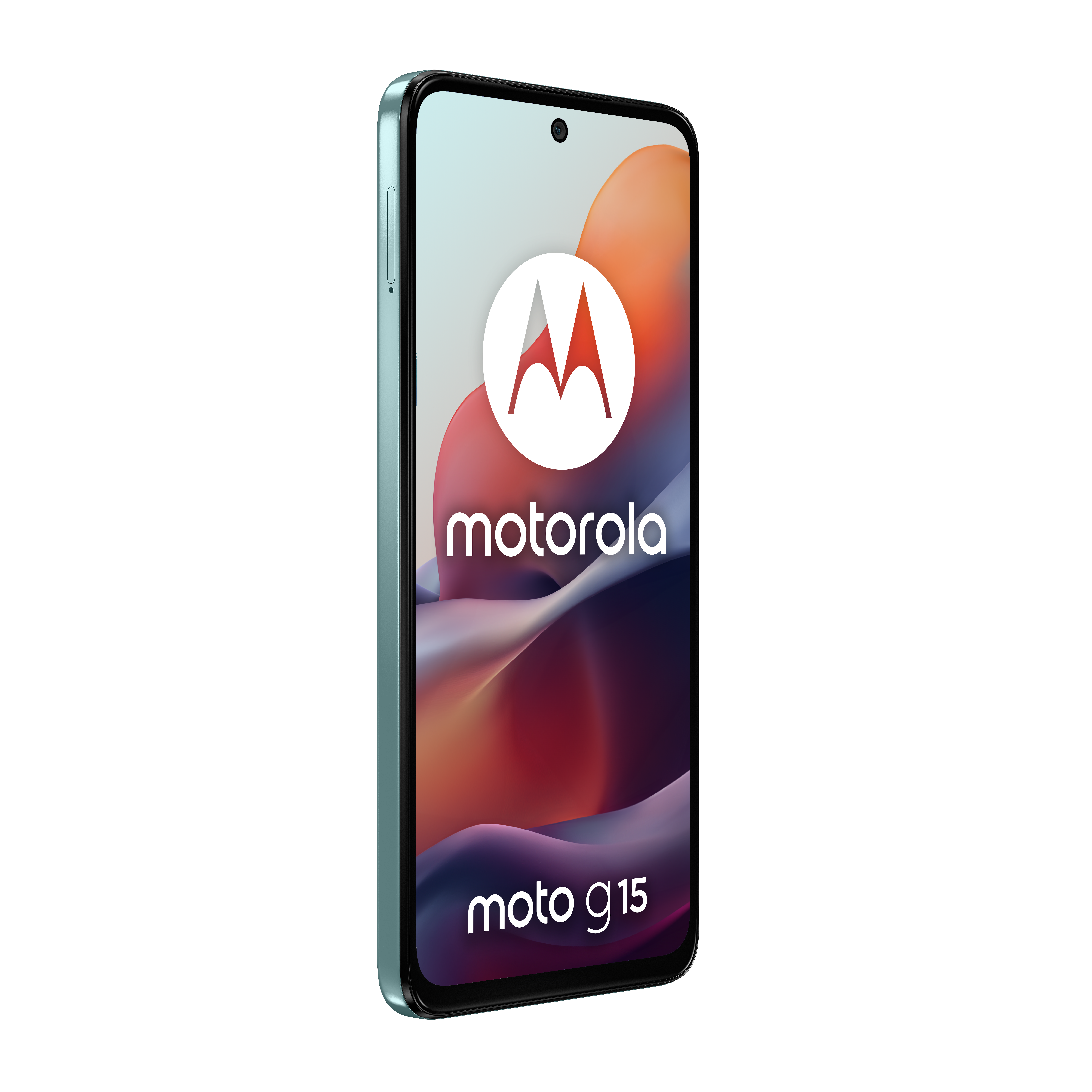 Jasnozielony smartfon Motorola Moto G15 z stylizowanym logo na ekranie.