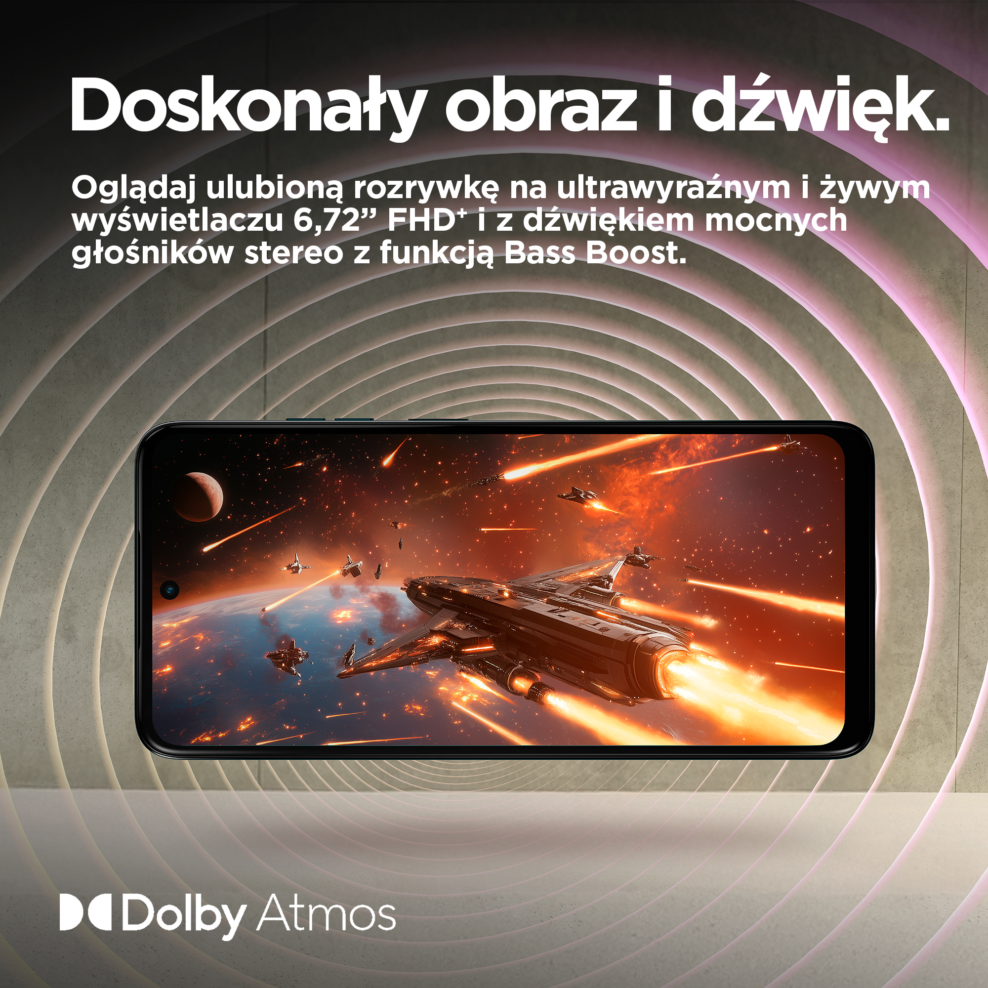 Smartfon wyświetla grę bitwy kosmicznej z okrętami i eksplozjami.