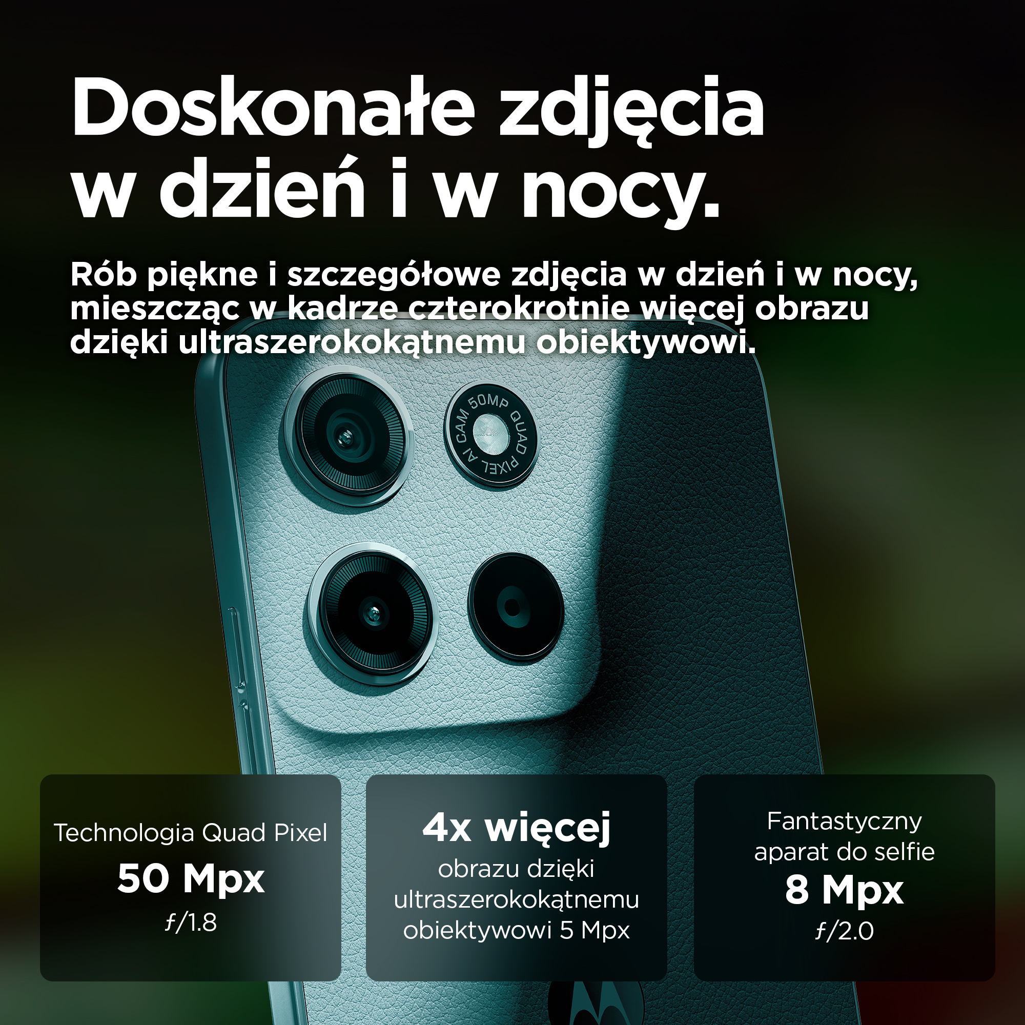 Tył smartfona z czterema aparatami i tekstem o fotografii.