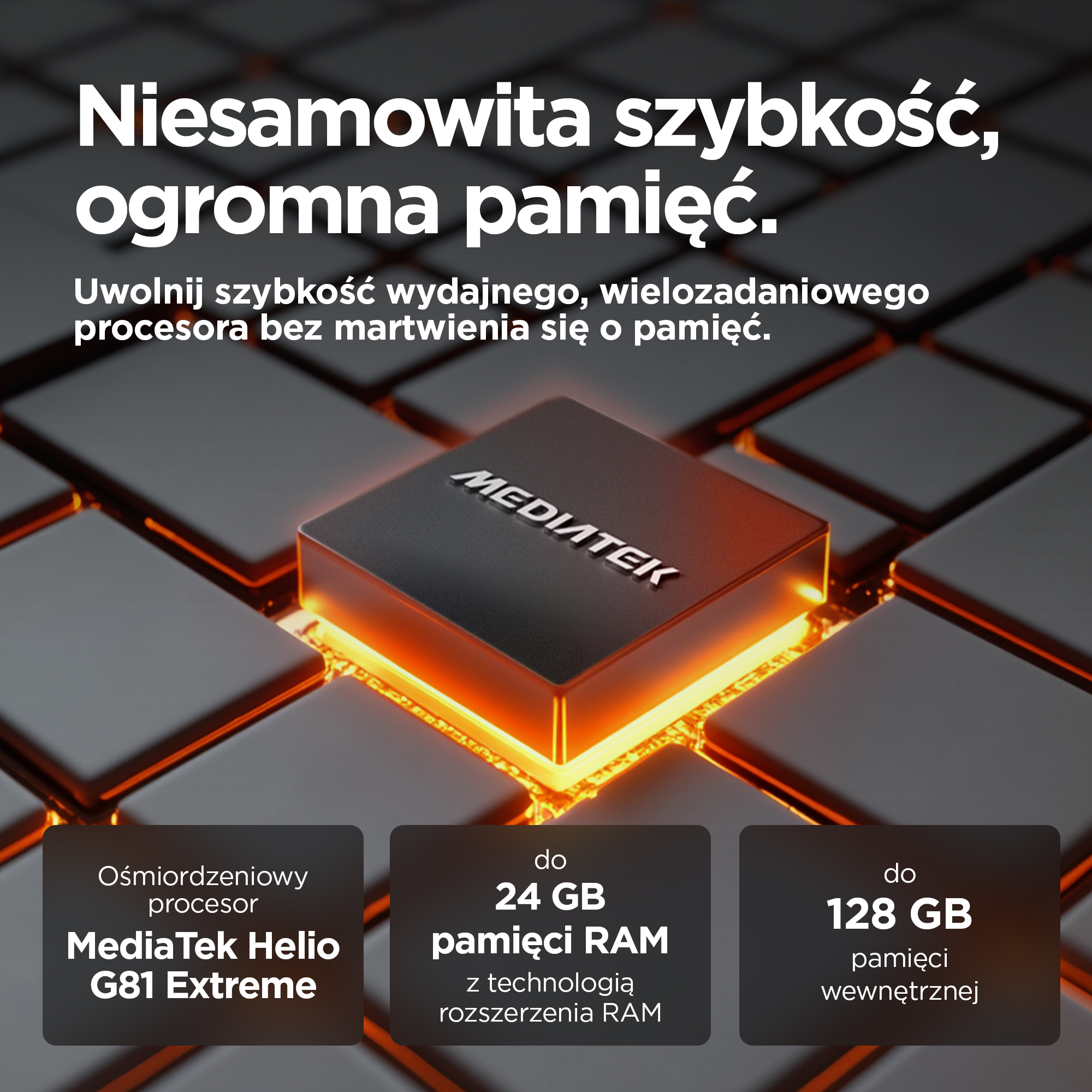 Zbliżenie procesora MediaTek z pomarańczową poświatą i specyfikacjami.