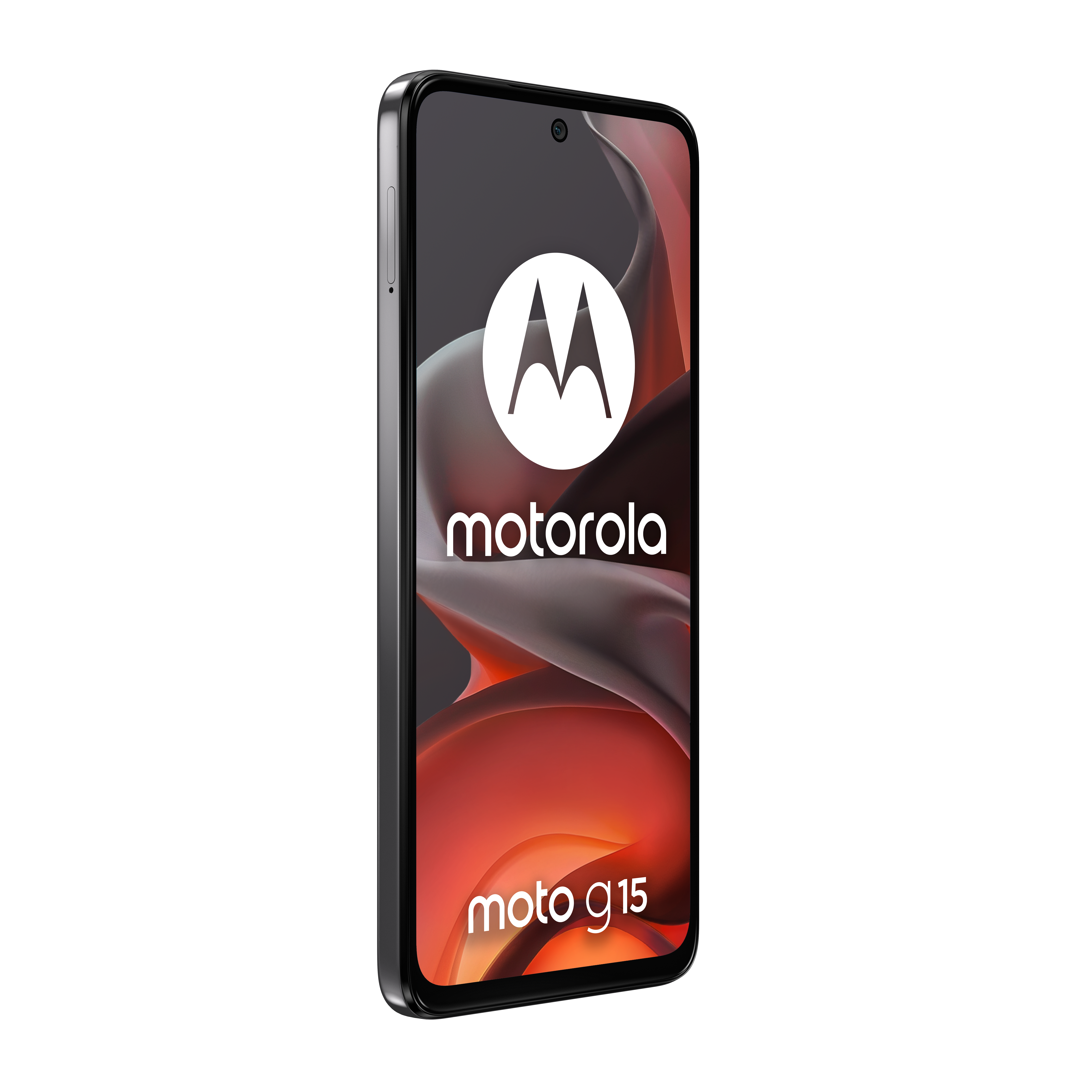 Czarny smartfon Motorola Moto G15 z abstrakcyjnym czerwonym tłem.