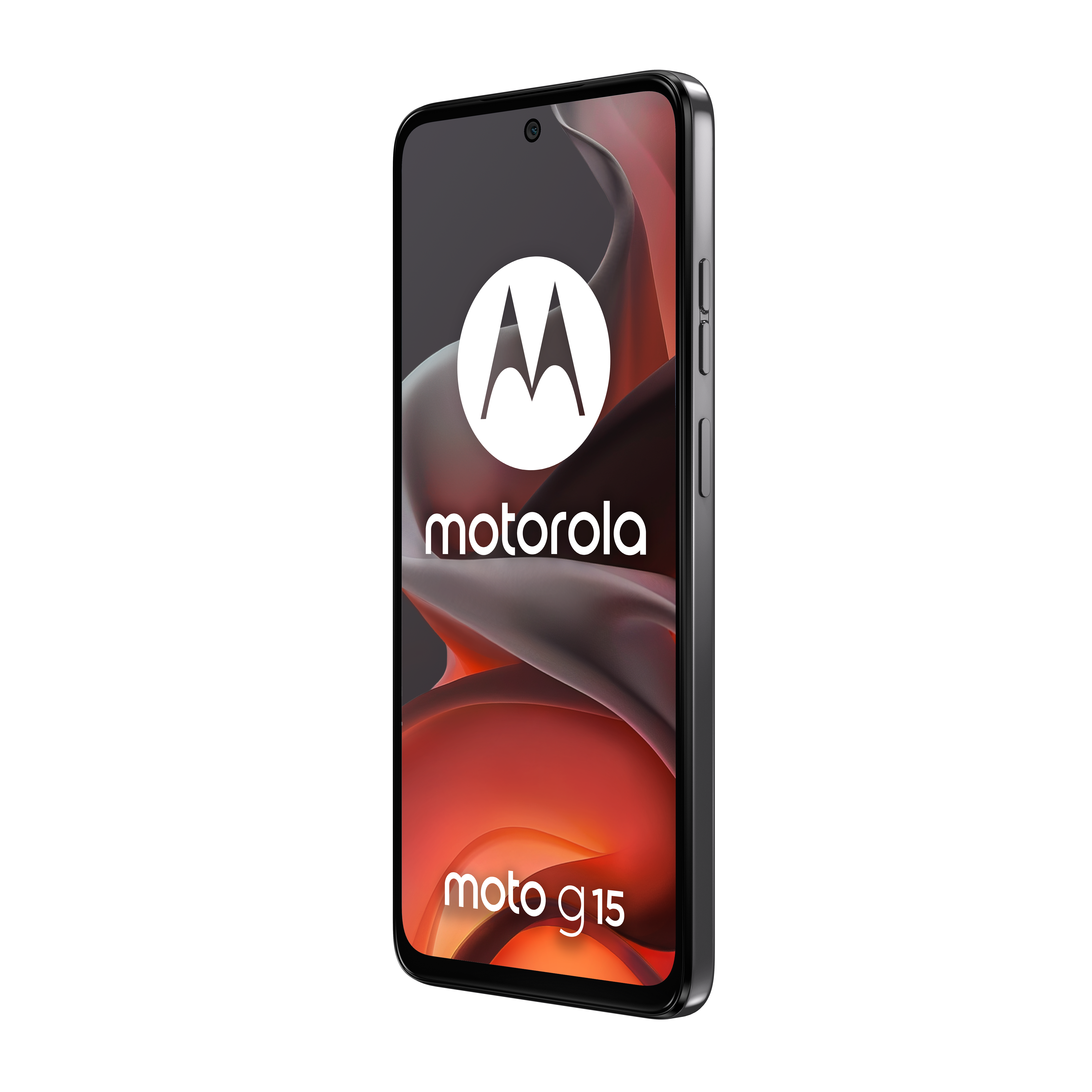 Czarny smartfon Motorola Moto G15 z pomarańczowym tłem.