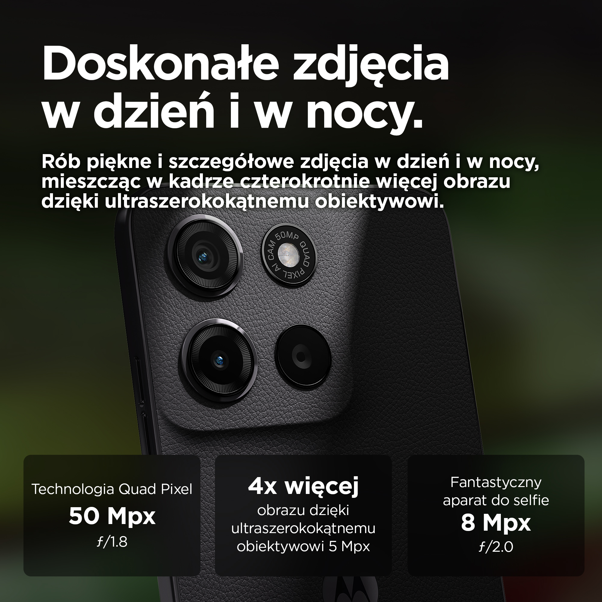 Zbliżenie czarnego tyłu telefonu z czterema aparatami i polami tekstowymi.