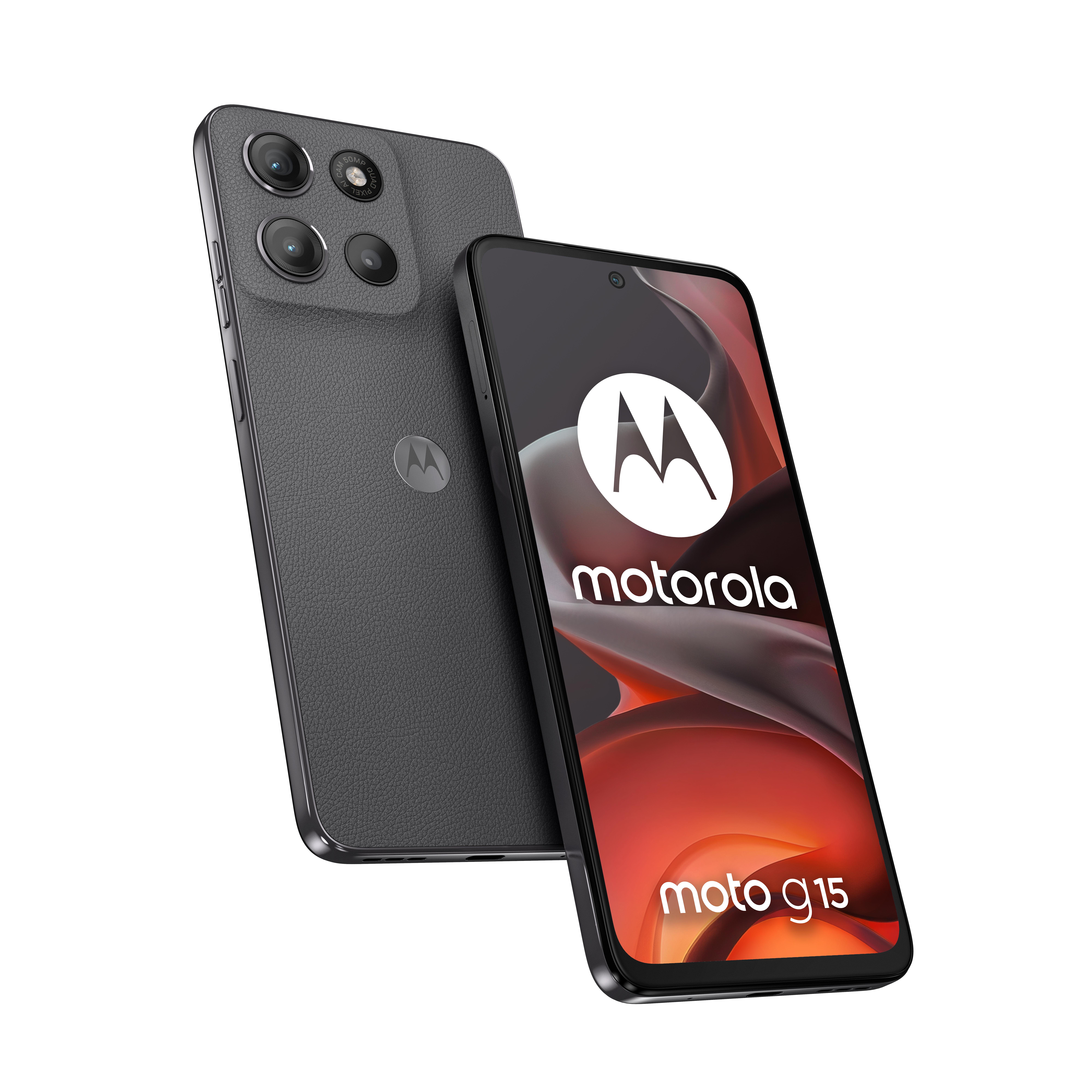 Szary smartfon Motorola Moto G15 z trzema aparatami z tyłu.