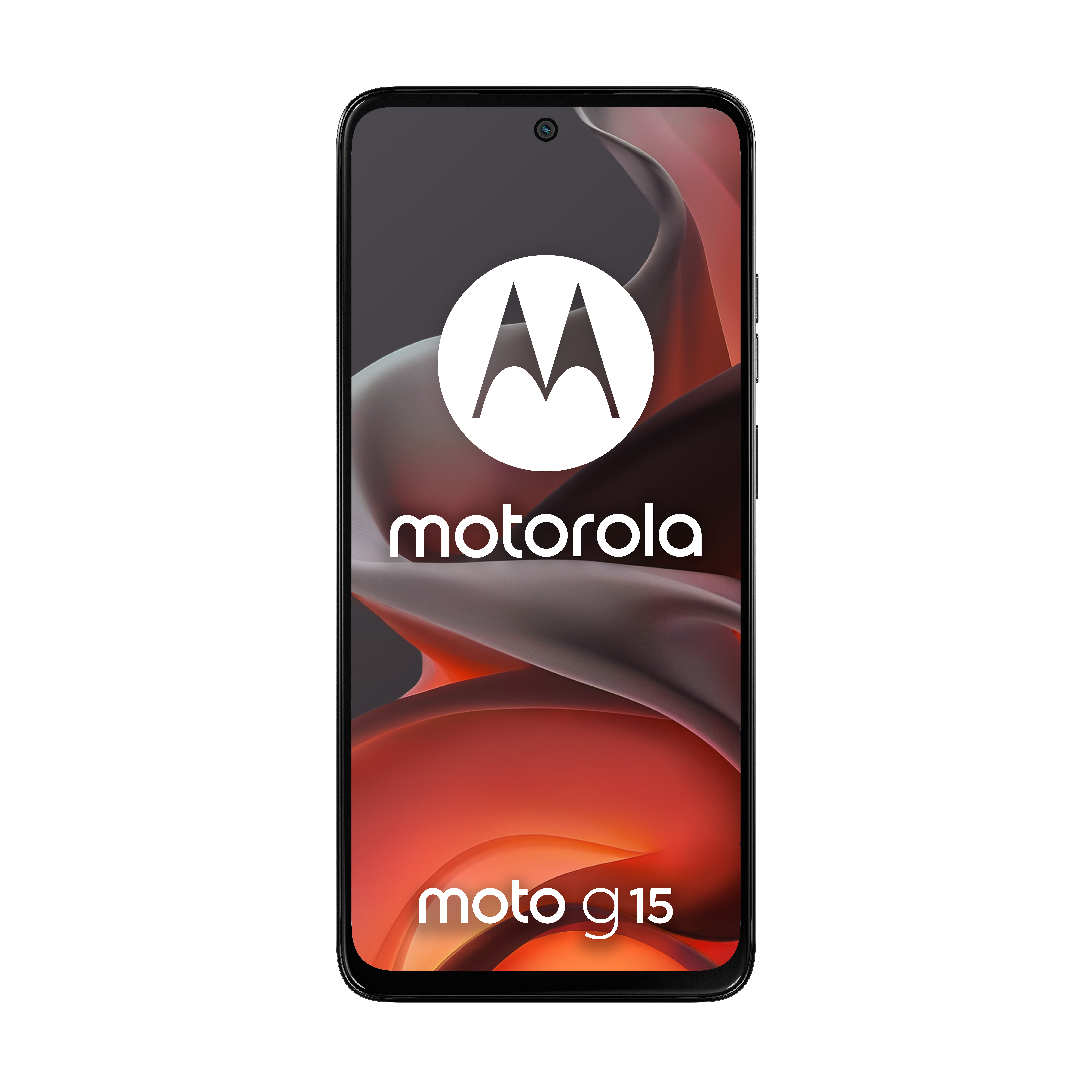 Smartfon Motorola Moto G15 z abstrakcyjnym czerwono-szarym tłem.