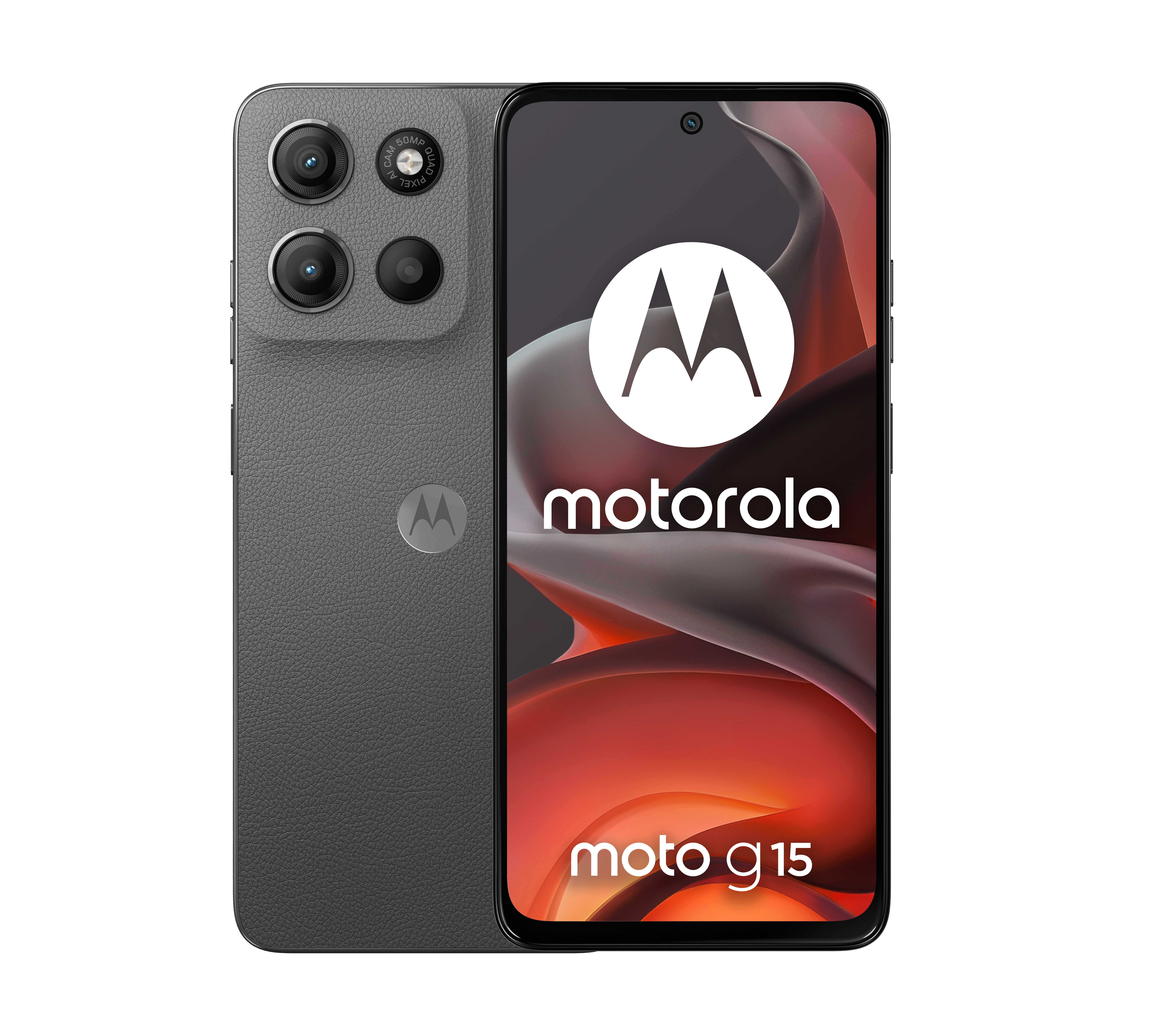 Szary telefon Motorola z czterema aparatami i logo na ekranie.