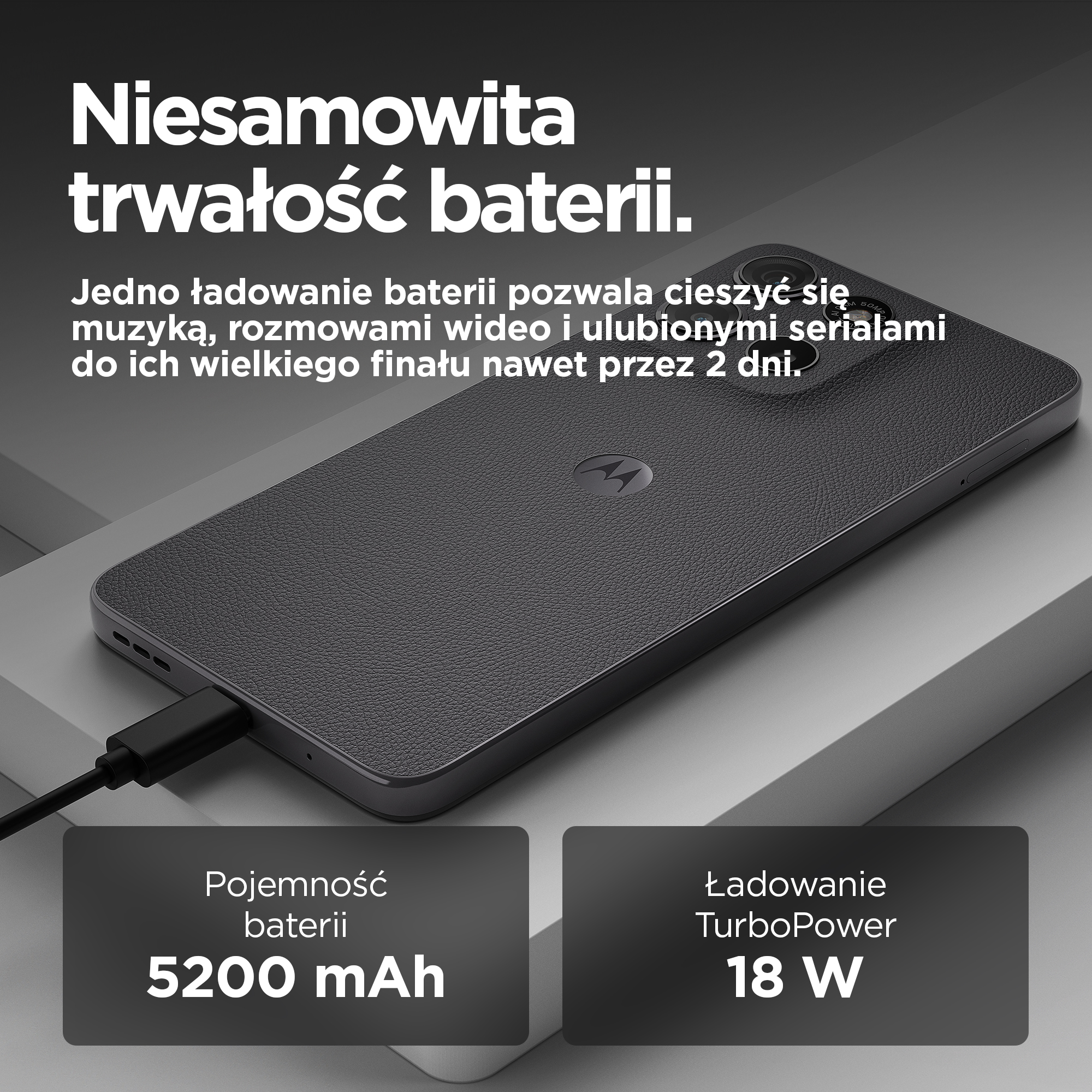 Czarny smartfon ze skórkową fakturą, bateria 5200mAh, ładowanie TurboPower 18W.