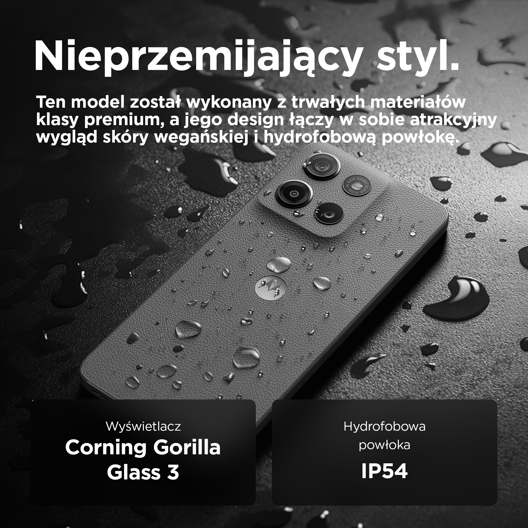 Szary smartfon z kroplami wody, aparatem i logo. Tekst o materiałach.