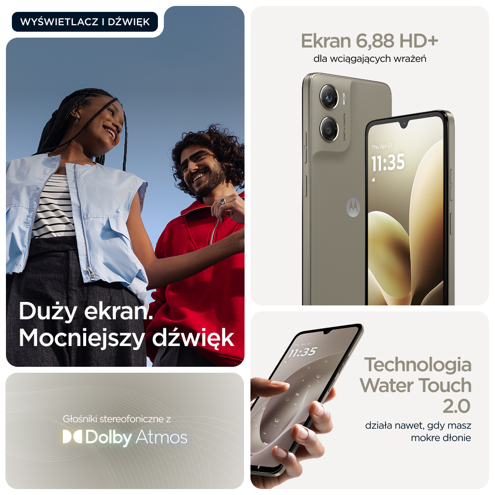 Dwie osoby się śmieją; reklamowany telefon z dużym ekranem i Dolby Atmos.