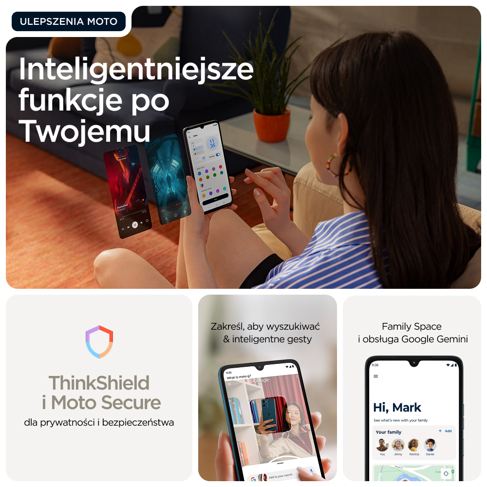 Kobieta trzyma telefon, pokazujący inteligentne funkcje Moto.