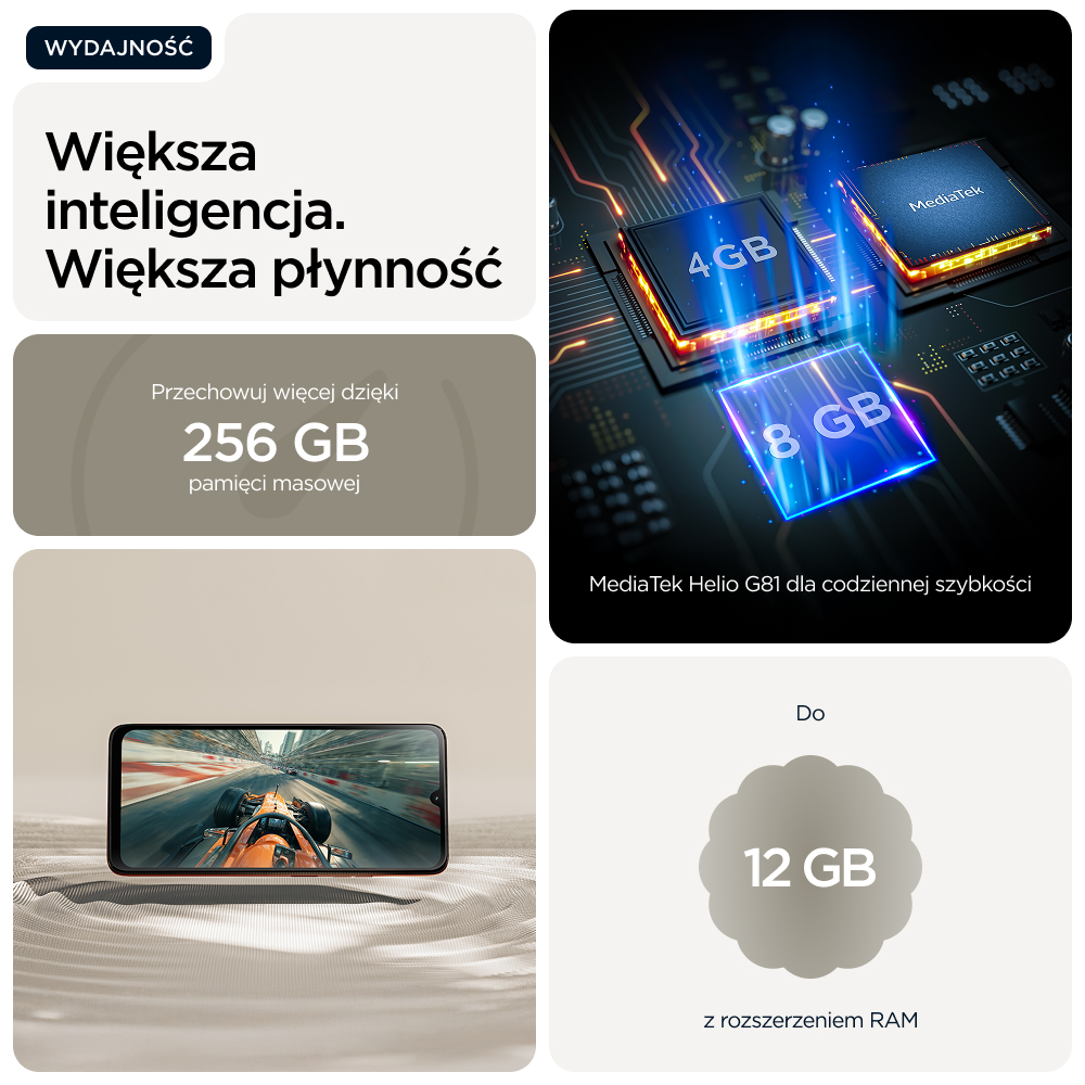 Wyświetlacz smartfona z procesorem, pamięcią i grafiką gry. 256 GB pamięci.