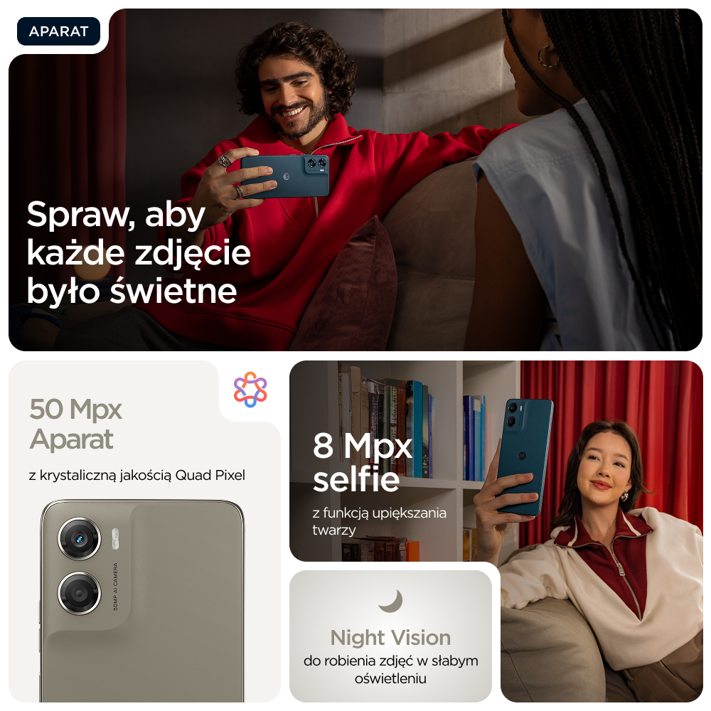 Mężczyzna robi selfie niebieskim telefonem. Na dole: aparat, aparat selfie, noktowizja.