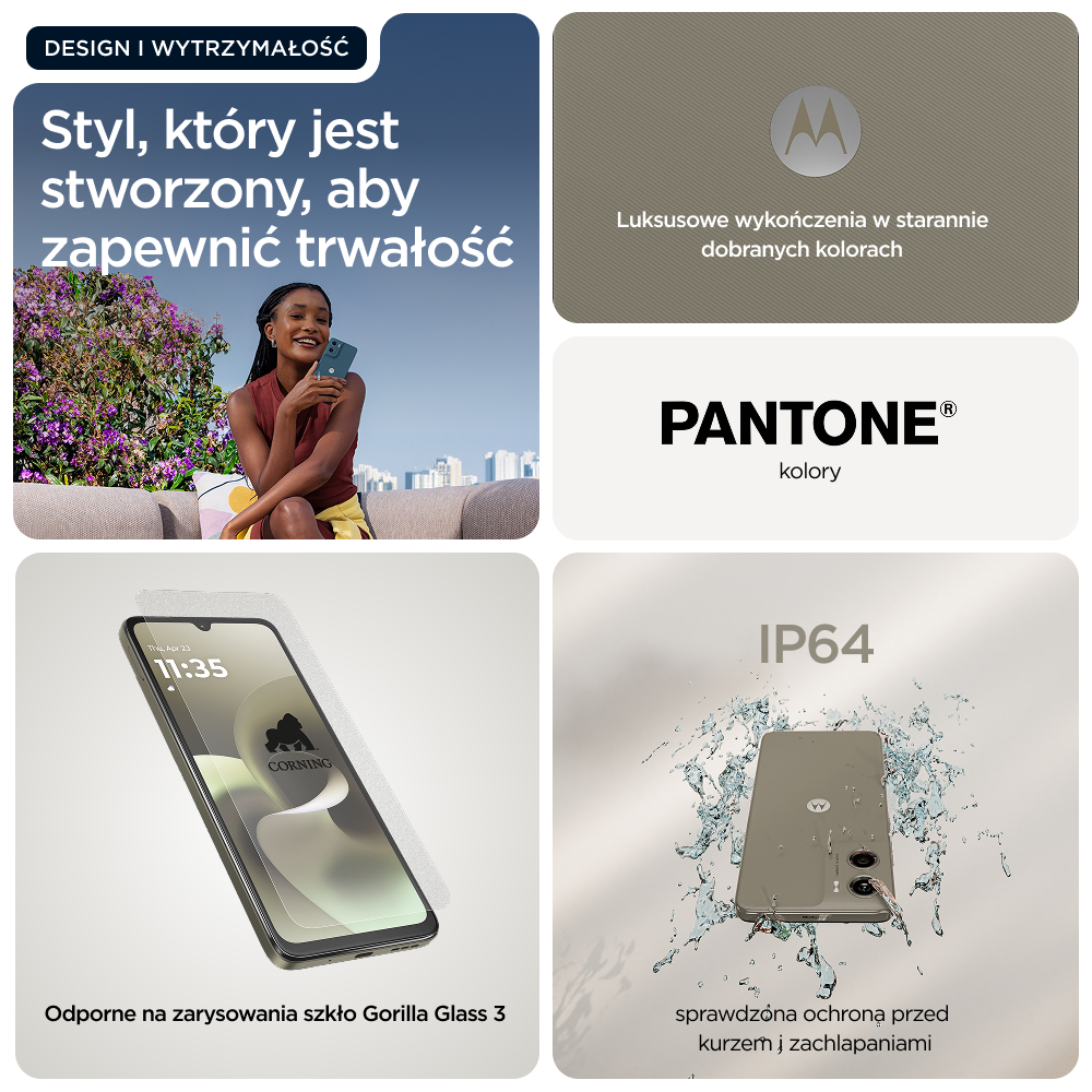 Kolaż pokazujący funkcje telefonu Motorola: kobieta, Pantone, Gorilla Glass, IP64.