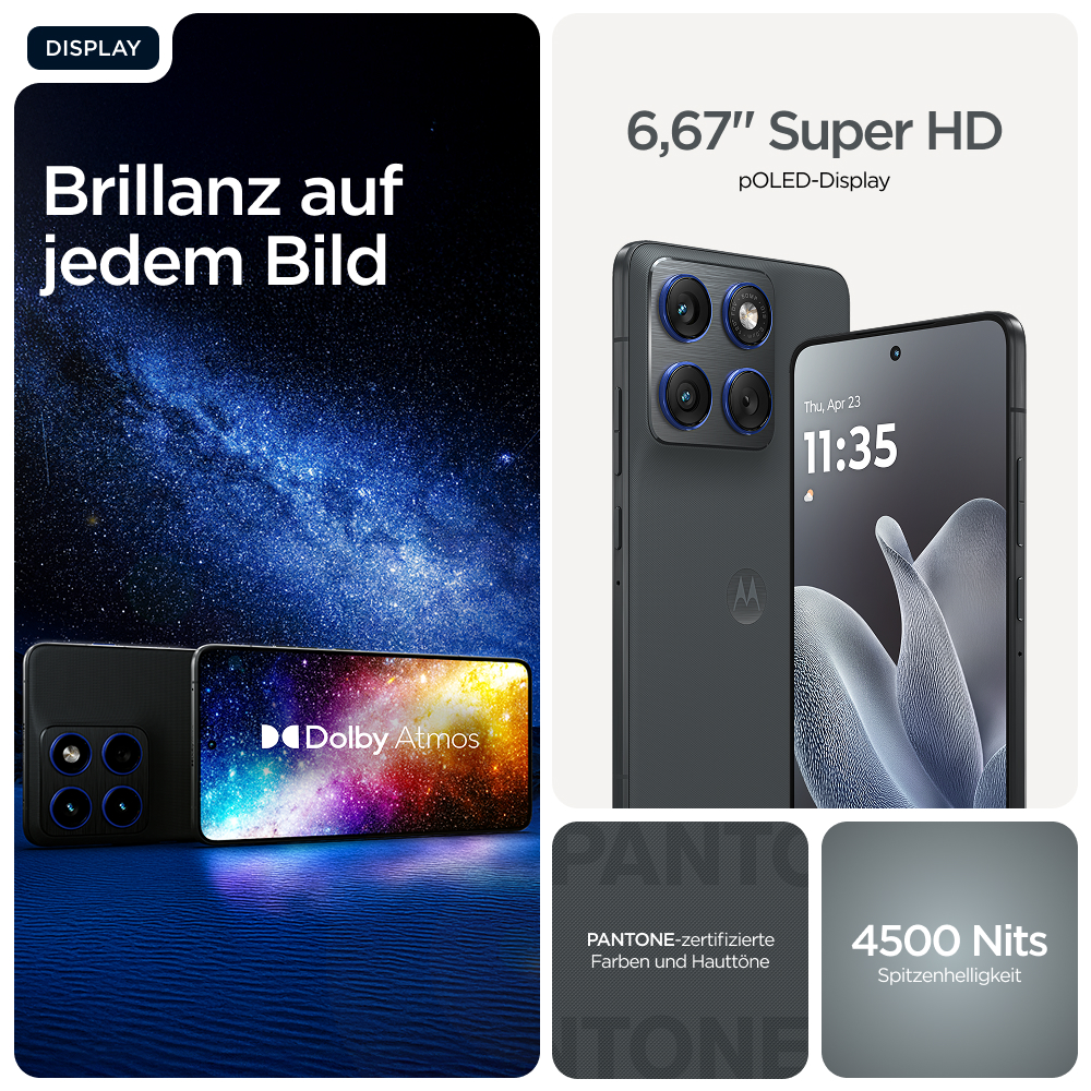 Drei Smartphones, eines mit Sternenhimmel, eines mit Dolby Atmos, eines mit 6,67" pOLED.