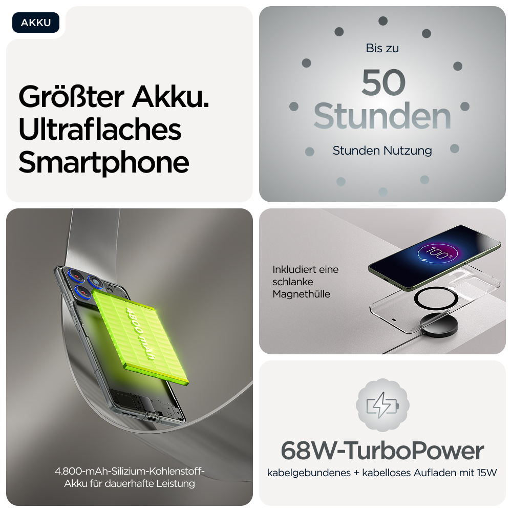 Smartphone mit großem Akku, 50 Std. Nutzung, 4800 mAh Akku, schlanke Hülle, 68W Laden.