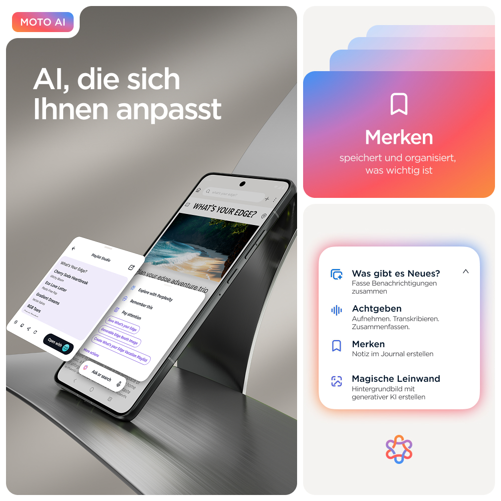 MOTO AI: Telefon zeigt KI-Funktionen wie 'Merken' und 'Magische Leinwand'.