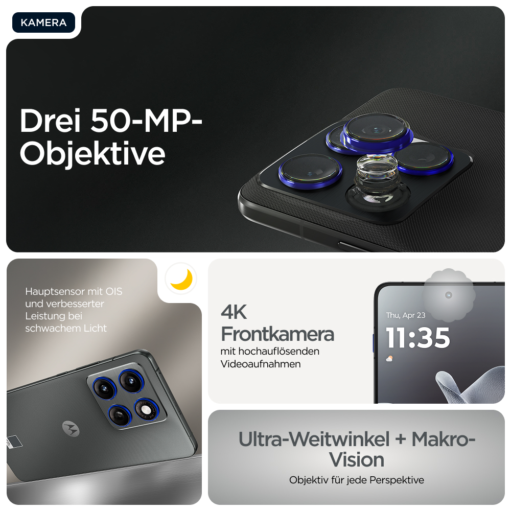 Drei 50 MP Objektive, 4K Frontkamera, Ultra-Weitwinkel + Makro-Vision.