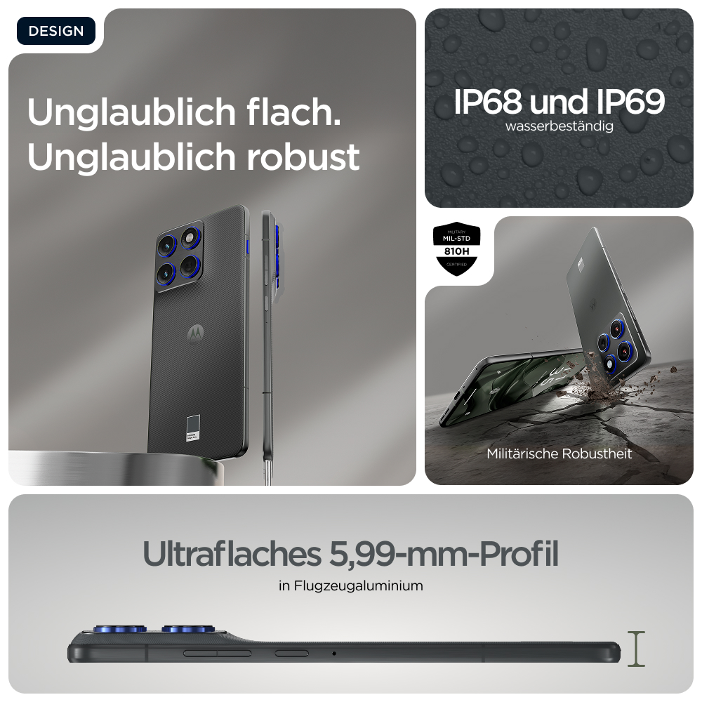 Ein dunkles Smartphone mit drei Kameras, flach und robust.