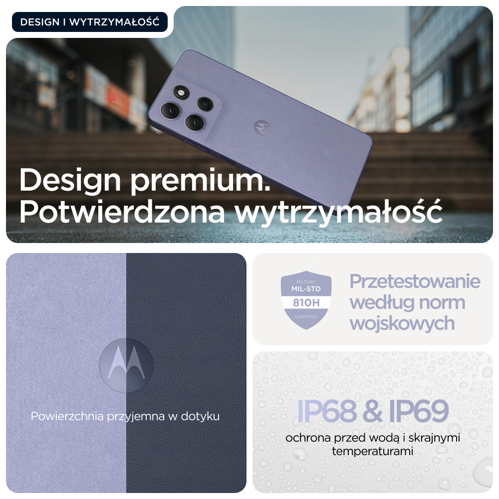 Fioletowy telefon z certyfikatem wojskowym i ochroną IP68/IP69.