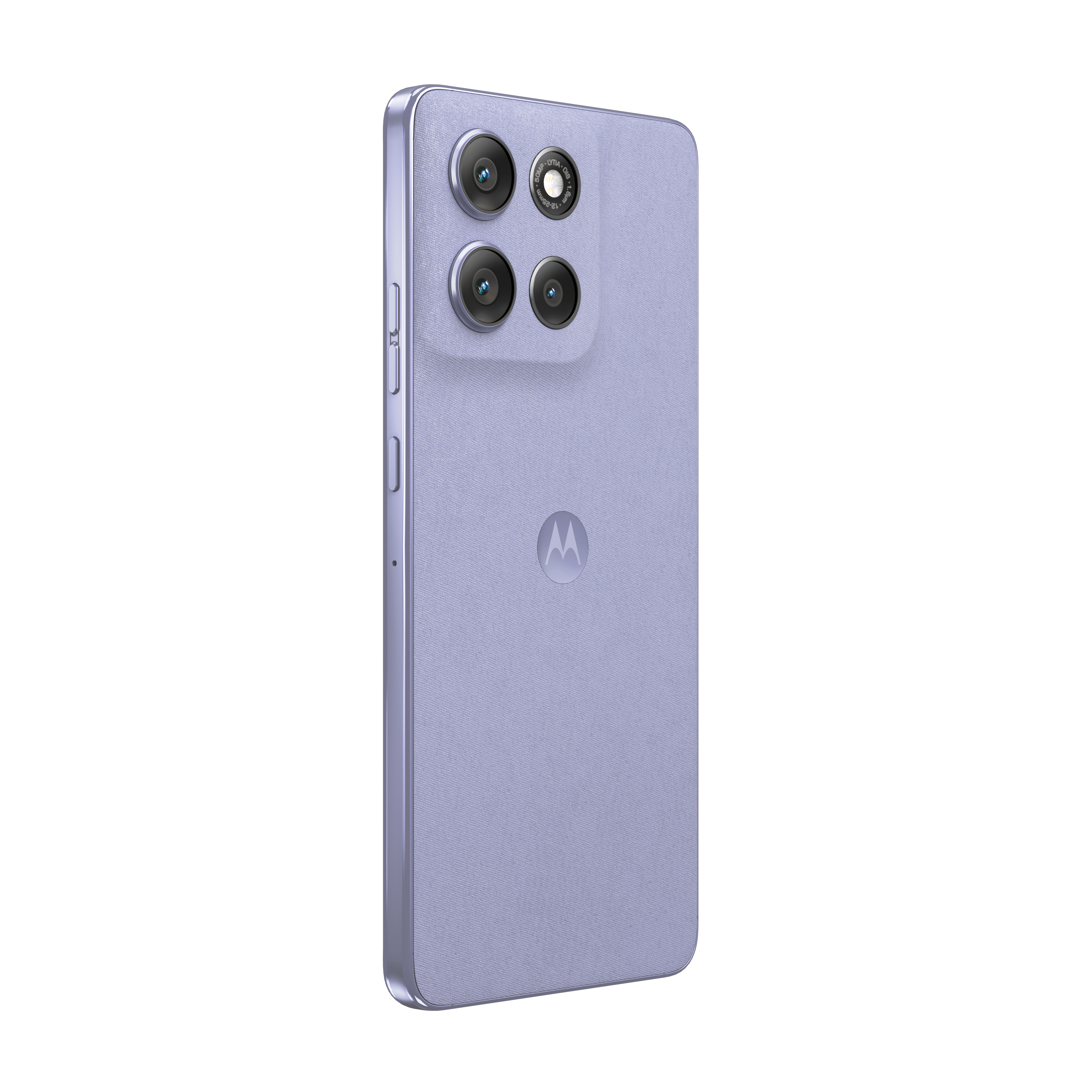 Tył jasnofioletowego smartfona z trzema aparatami i logo Motorola.