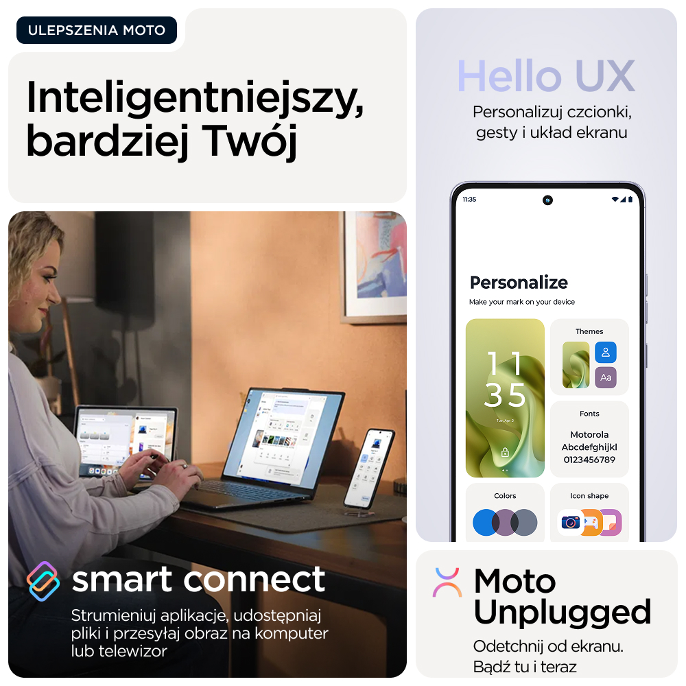 Kobieta używa laptopów, obok telefon. Po prawej ekran telefonu z opcjami personalizacji.