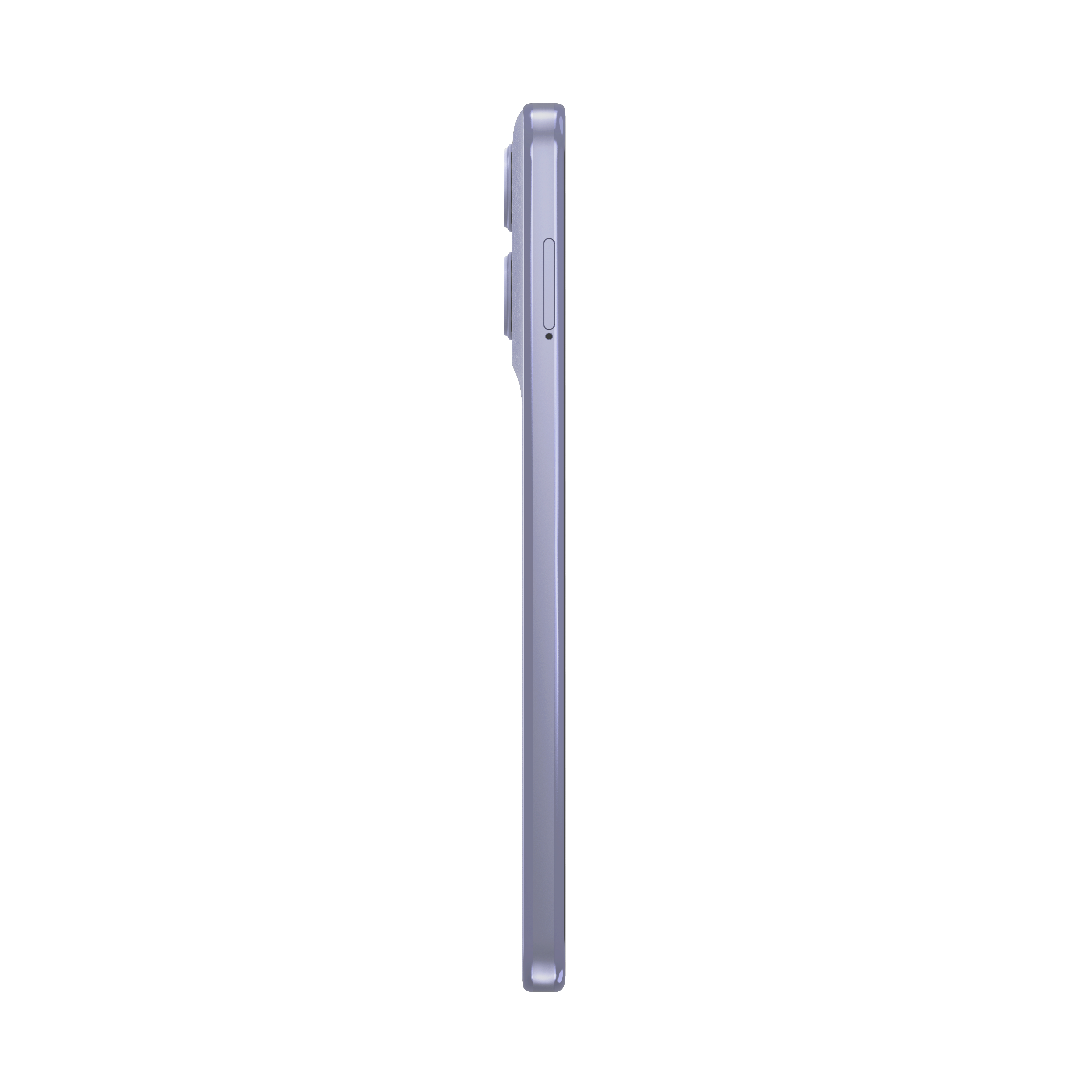 Jasnofioletowy smartfon, widziany z boku, na czarnym tle.