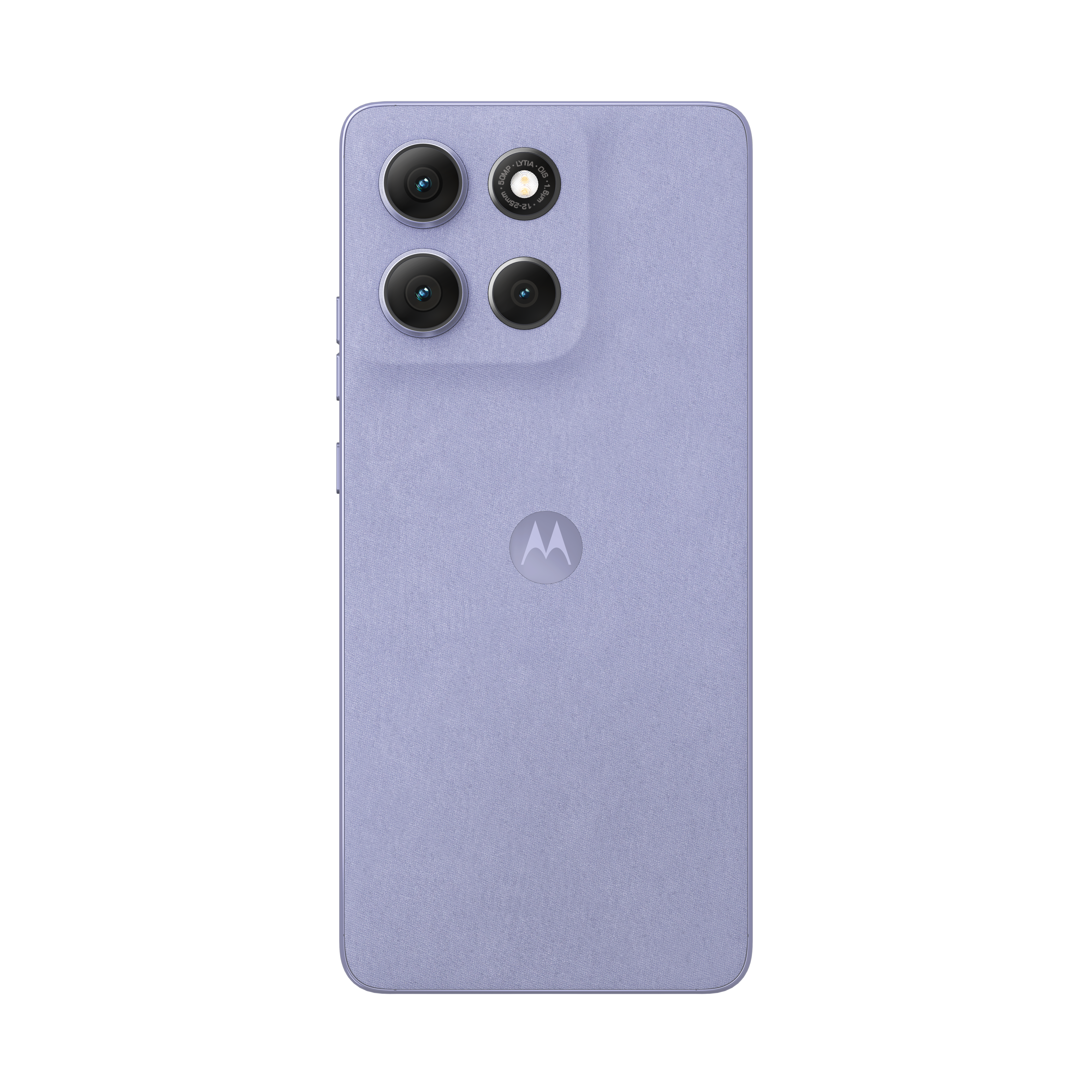Fioletowy smartfon Motorola z potrójnym aparatem i logo z tyłu.