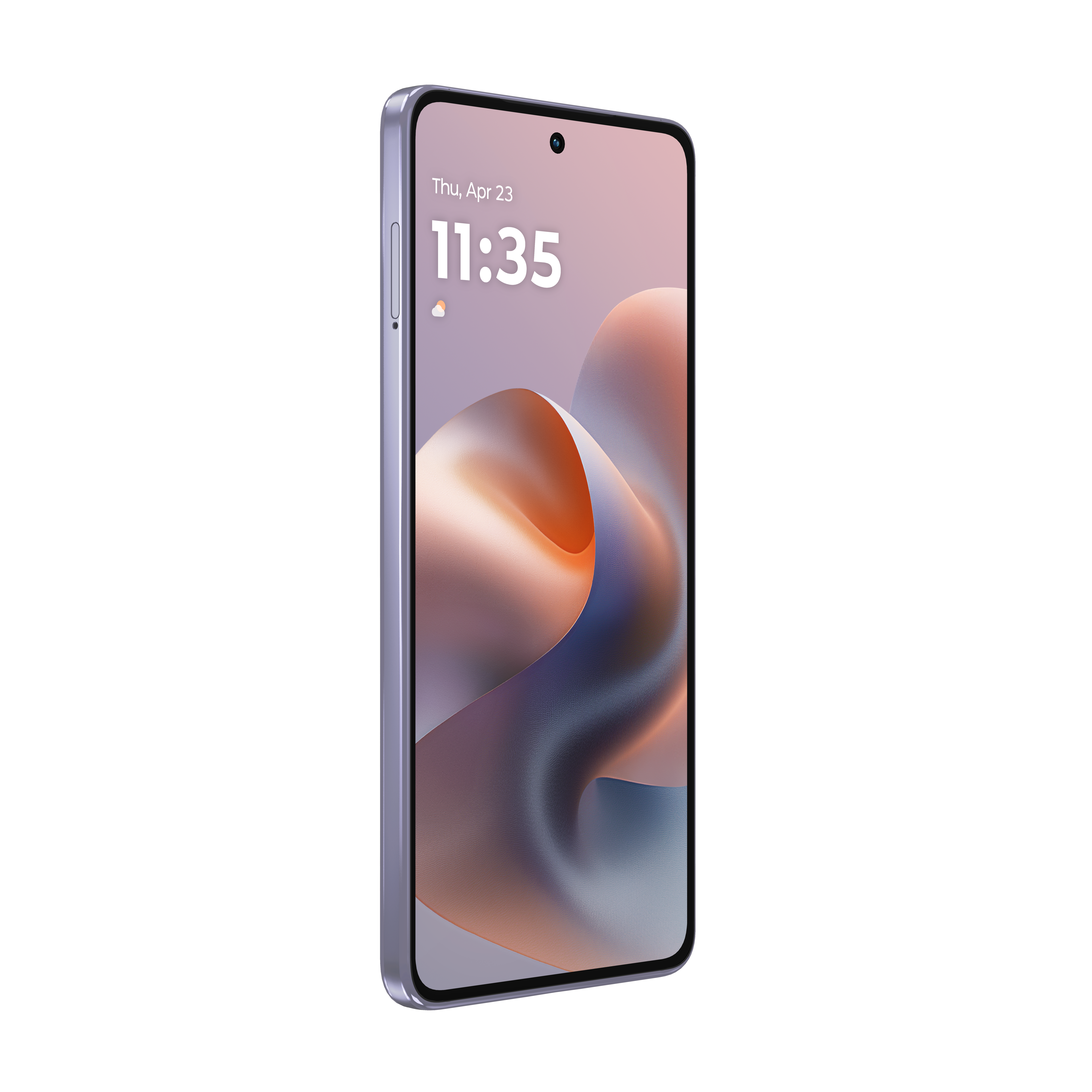 Fioletowy smartfon z abstrakcyjną tapetą na ekranie.