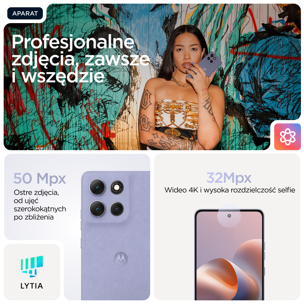 Kobieta trzyma smartfon na tle kolorowej ściany. Poniżej detale telefonu.