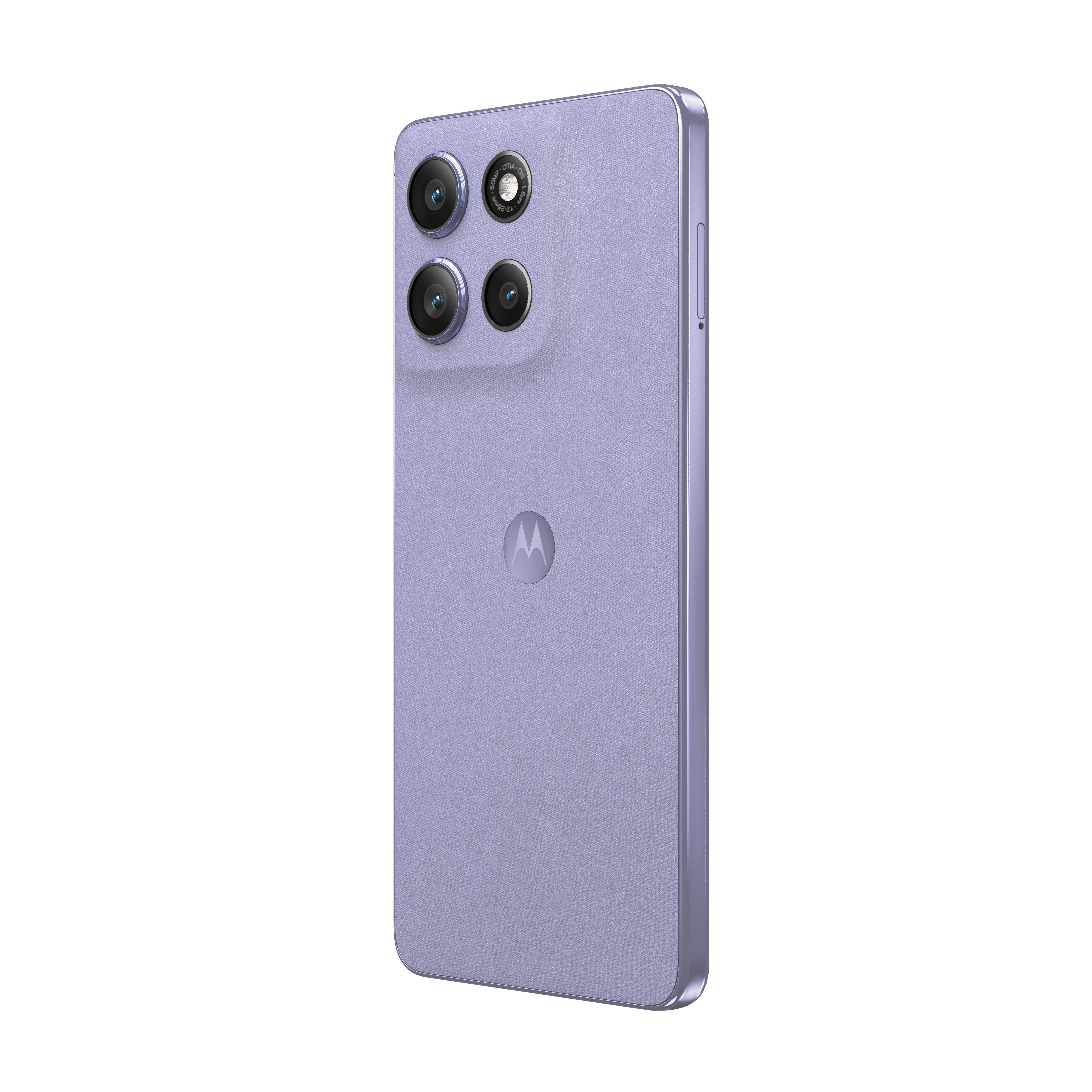 Tył fioletowego smartfona z trzema aparatami i logo Motorola.