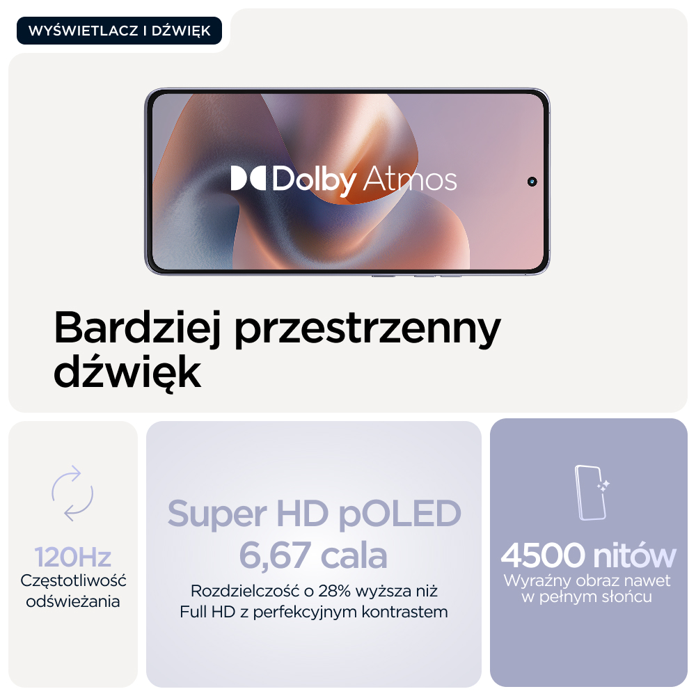 Wyświetlacz smartfona z Dolby Atmos, 120 Hz, Super HD POLED 6,67 cala, 4500 nitów.