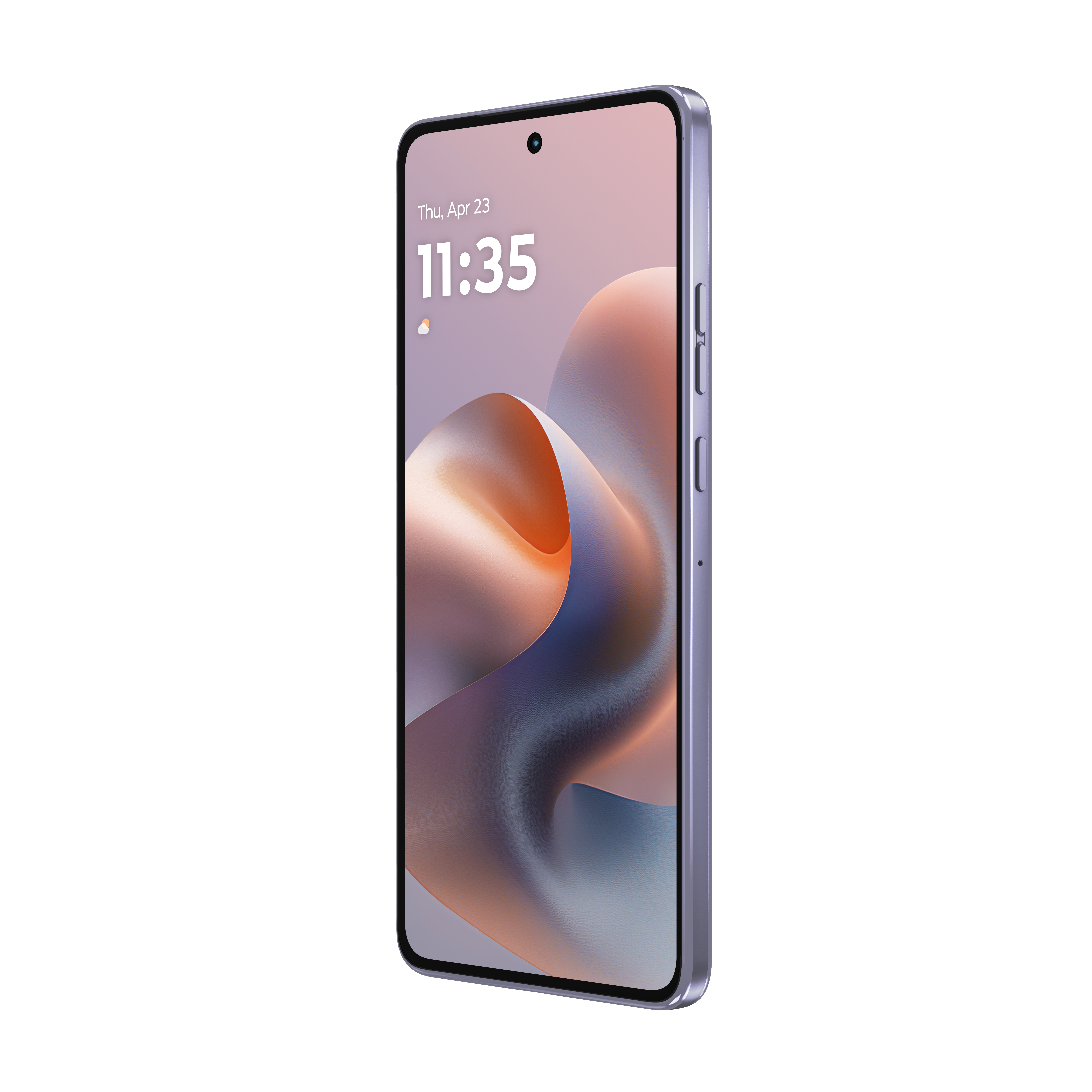 Fioletowy smartfon wyświetla 11:35 z abstrakcyjną tapetą.