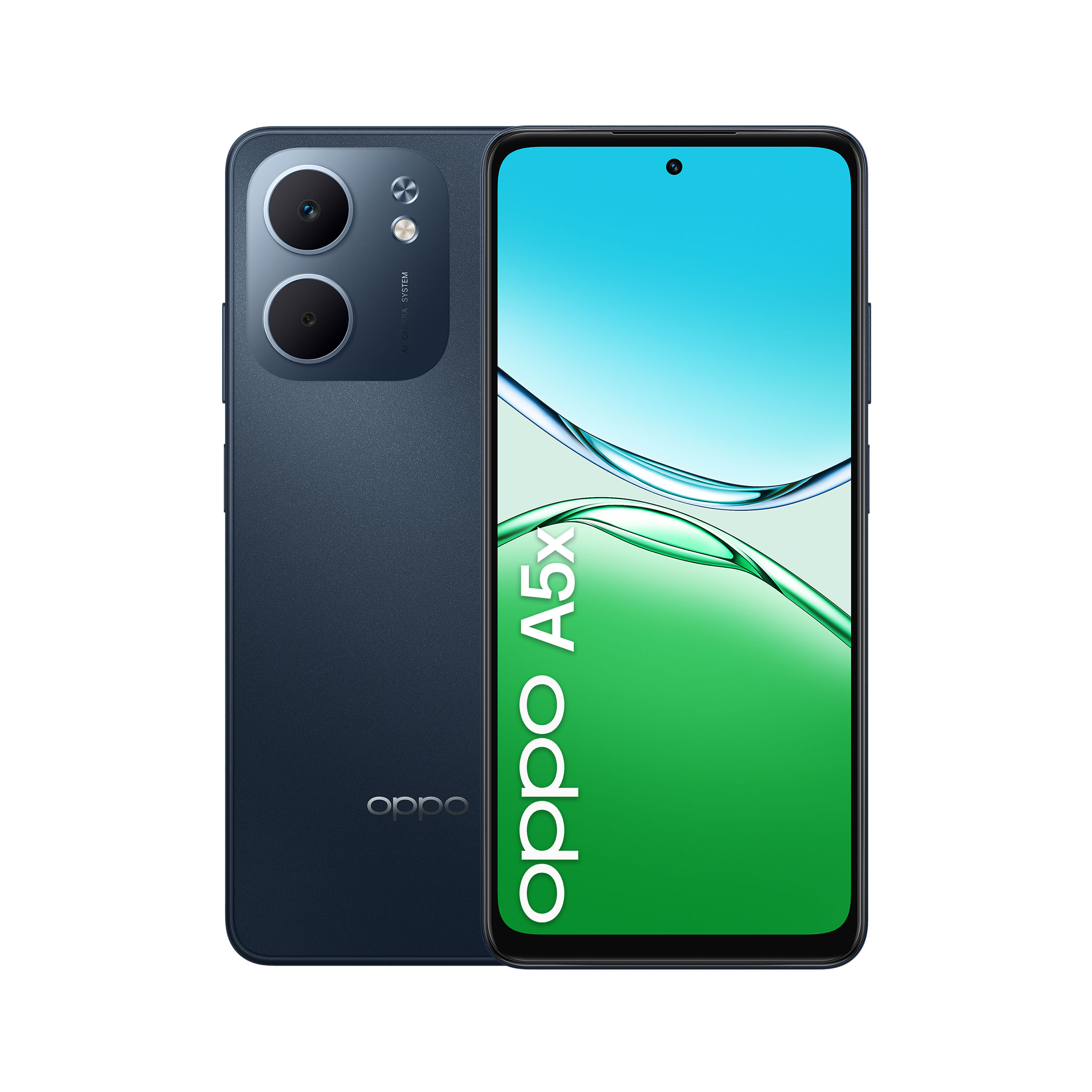 Ciemny smartfon Oppo A5x z dwoma tylnymi aparatami i zielonym ekranem.