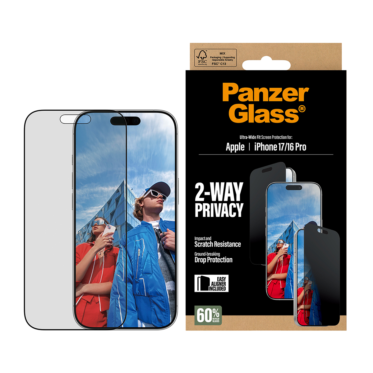 Panzer Glass Hülle für Apple iPhone 17/16 Pro, mit 2-Wege-Privatsphäre.
