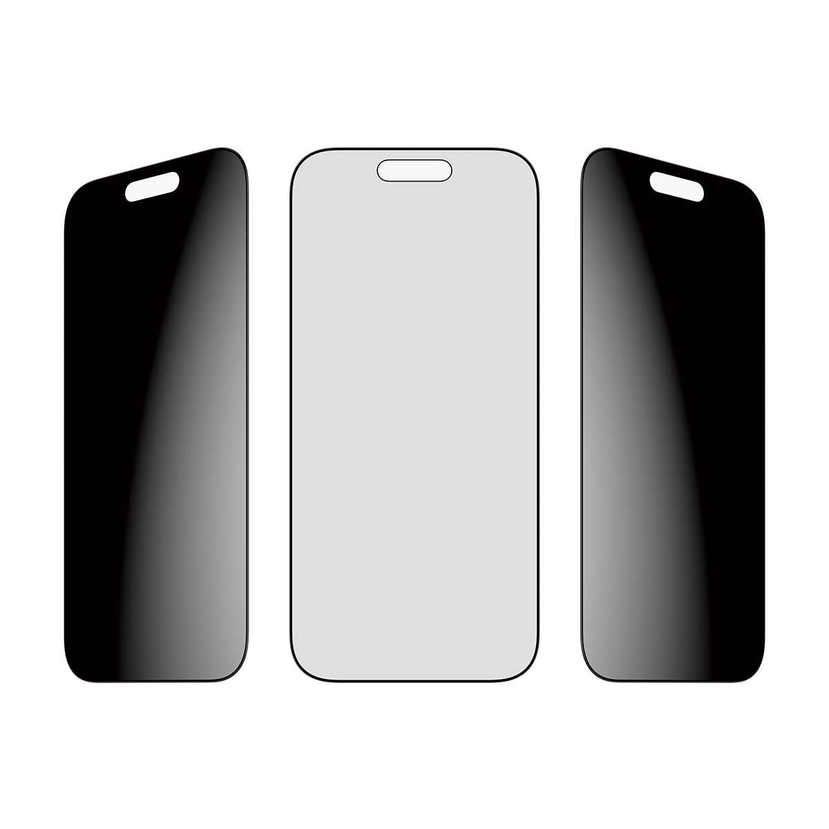 Drei Smartphone-Displays: zwei schwarze, eins hellgrau, mit Aussparung oben.